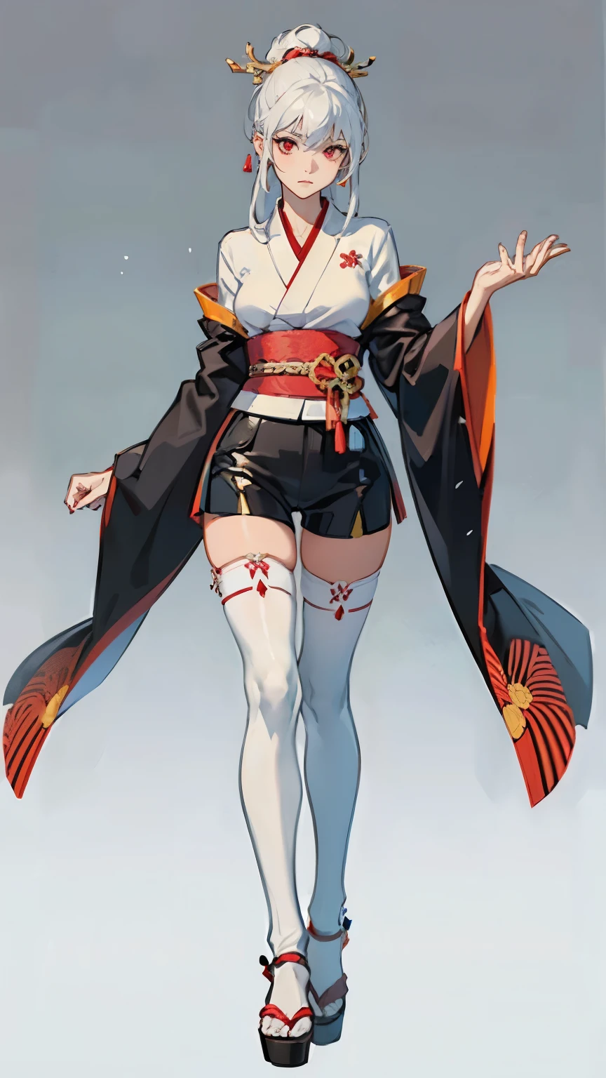 ((masterpiece,best quality,8k,highres)),((character concept art)), 1 female, adult female, warrior, 190 cm height, long straight hair, hime cut hairstyle (plack hair colour), ultra finely detailed eyes (red eyes colour), extraordinary gorgeous, charming, emotionless, no expression, shapely breasts, hourglass body shape ((muscular)), ((intricate detail)), super finely detailed hands, ultra finely detailed fingers(((ten fingers))), japanese ancient kimono (black outfit colour), short pants, white sheer tights(pantyhose), japanese clogs shoes, earrings, necklace, (standing still), (full body showcase), (show full body), (no logos on background), (no logo), ((plain background)), ((plain background)), (((empty background)))