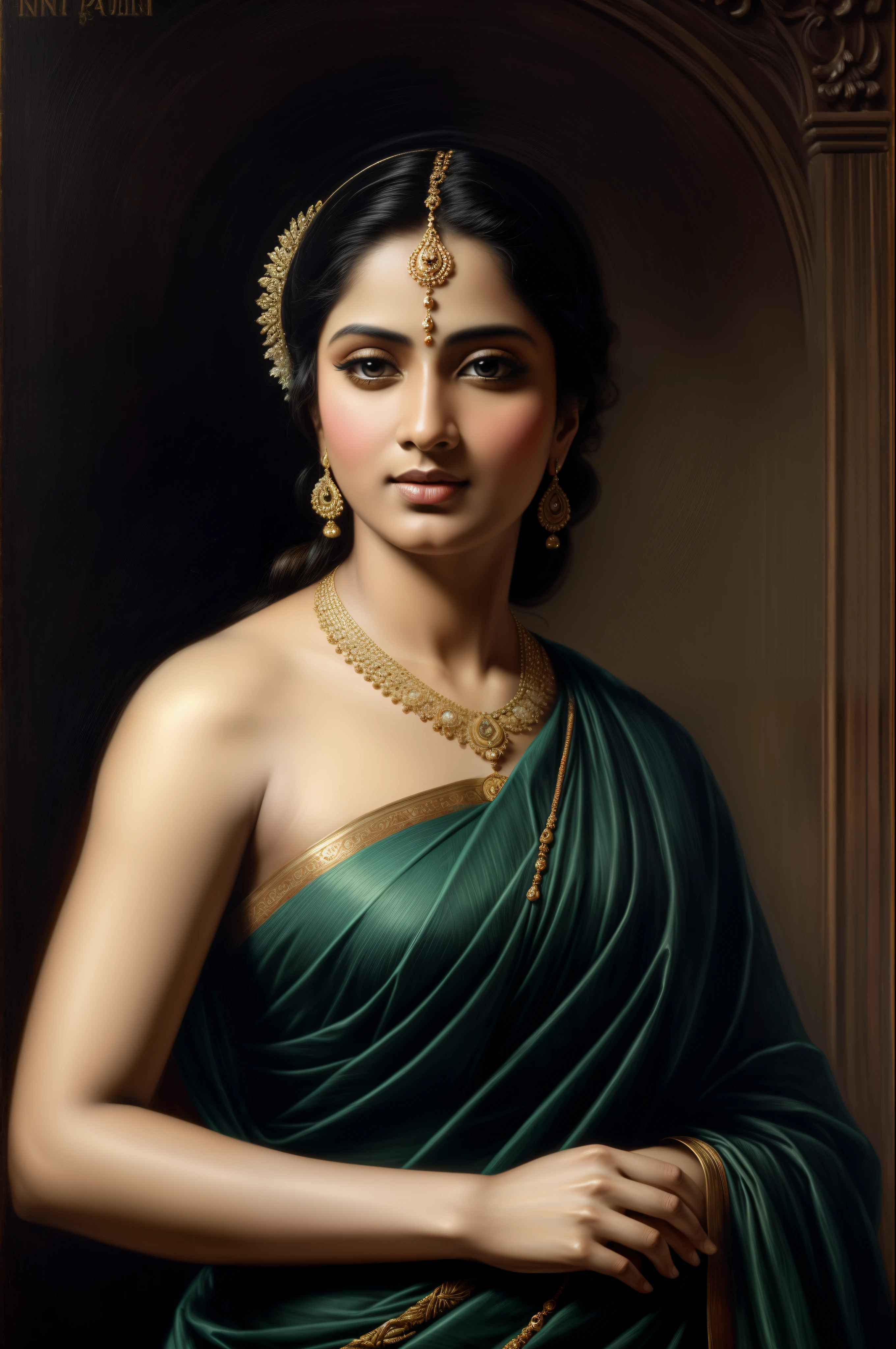 Beautiful Indian Woman, wearing saree, sari Beauty, gorgeous, Apsara, Maharani, royal queen woman, nymph from Hindu Mythology, Urvashi, matchless beauty, Highly detailed, Oil Painting by Peter Paul Rubens inspired by Raja Ravi Varma, Matchless beauty, captivating, gorgeous, heavenly beauty, celestial beauty, by Peter Paul Rubens, 1893, realistic, hyper realistic, micro details, incredible artwork, insane details, ultra High resolution, 8k, 32k, acrylic on canvas, intricate, flawless, detailed, detailed face, detailed eyes, masterpiece, by Peter Paul Rubens, by Caravaggio, by William Adolphe bouguereau, perfect face, perfect body, beautiful art, realism, baroque, renaissance Art, highly textured, beautiful and detailed eyes, uhd, best quality,