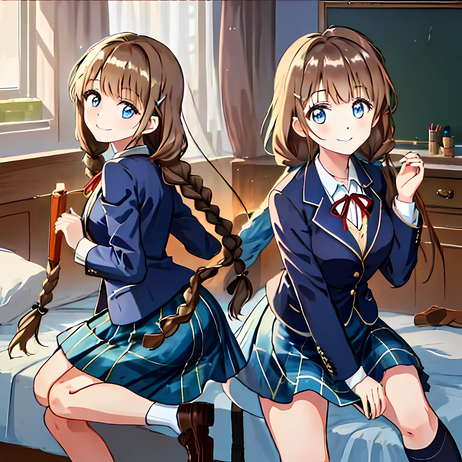 highest quality, (masterpiece:1.2), very detailed, A girl sitting on the bed looks at the viewer and smiles, Glossy lips that make you want to kiss, nice smile, ((Cute big blue eyes)), (((dark brown hair))), , big shiny hair clip, school uniform, ((dark blue blazer)), ((very big blue school ribbon)), laughter、bright look、Both face and hair catch the light and shine, The corners of the eyes are drooping, The expression of a maiden in love, (((twin braid hairstyle))), ((((dark blue & Deep navy tartan check middle long skirt)))), A gentle and cute expression staring at the viewer, double eyelid, The background is a cute girl&#39;my room, round face, the skirt is very cute, The ribbon is so cute, brown leather shoes, ((shot from behind)), ((The eyes are very detailed))