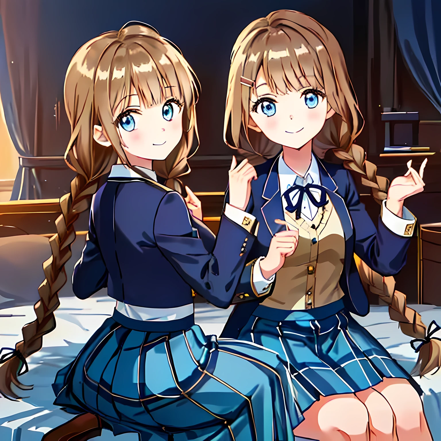 highest quality, (masterpiece:1.2), very detailed, A girl sitting on the bed looks at the viewer and smiles, Glossy lips that make you want to kiss, nice smile, ((Cute big blue eyes)), (((dark brown hair))), 15 years old, big shiny hair clip, school uniform, ((dark blue blazer)), ((very big blue school ribbon)), laughter、bright look、Both face and hair catch the light and shine, The corners of the eyes are drooping, The expression of a maiden in love, (((twin braid hairstyle))), ((((dark blue & Deep navy tartan check middle long skirt)))), A gentle and cute expression staring at the viewer, double eyelid, The background is a cute girl&#39;my room, round face, the skirt is very cute, The ribbon is so cute, brown leather shoes, ((shot from behind)), ((The eyes are very detailed))