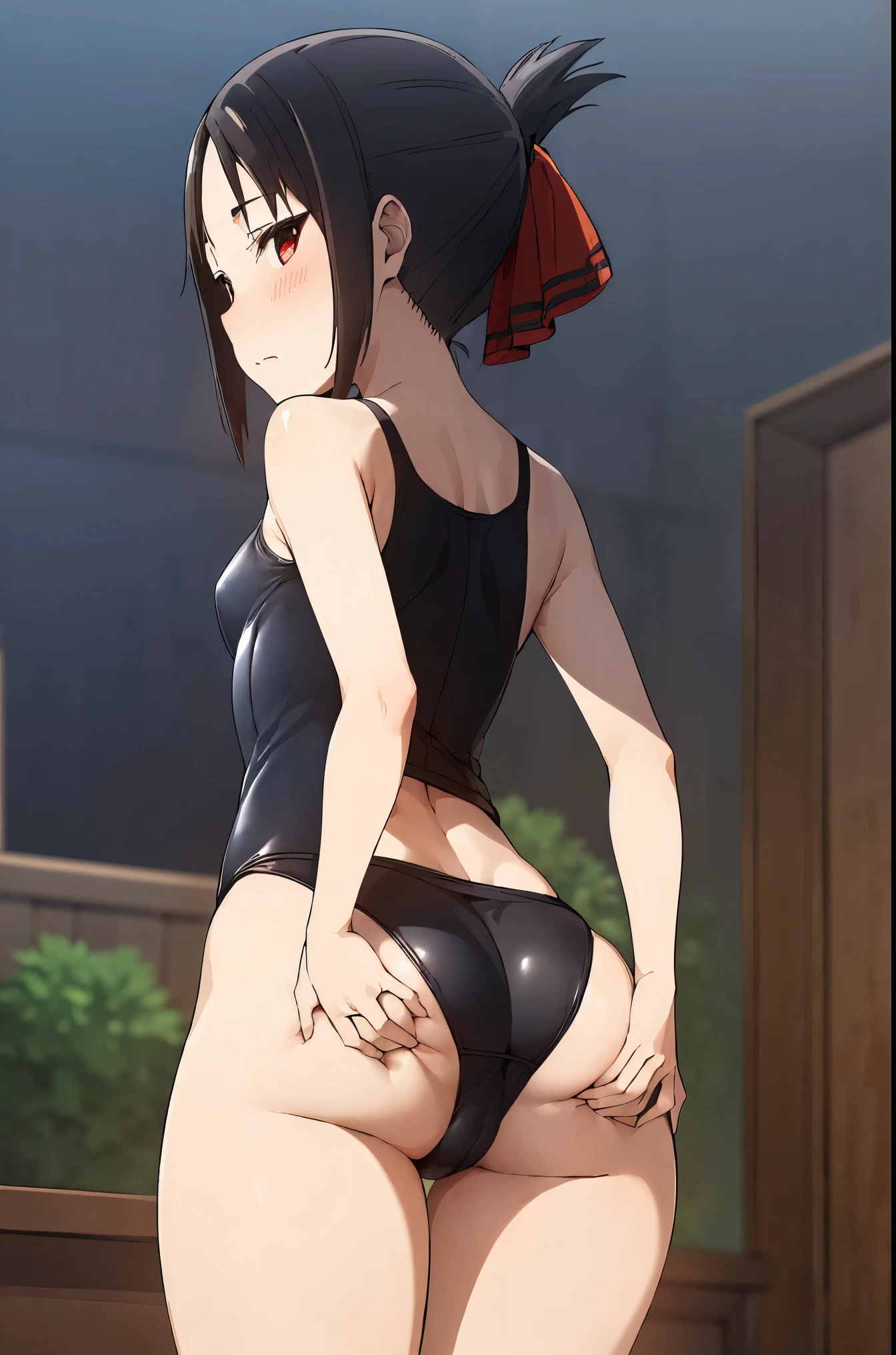 best quality, (masterpiece:1.2), detailed,20 years old,
shinomiya kaguya,
1girl, solo, (blush),
black hair, red eyes, short hair, folded ponytail, hair ribbon, ((swimsuit)), pool, school, red ribbon, bed, looking at the viewer, small breasts,(thick ass), healthy skin, ((from below)), (close up), ((at night)), ((grabbing own ass)), (standing)