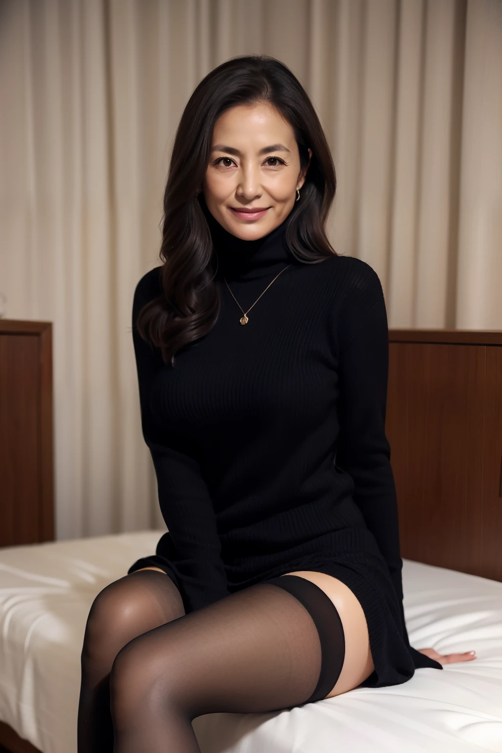 A woman sitting on hotel bed wearing black sweaters, black skirt. black thong.in a dimly lit room at night.1girl, japanese mature, (Solo), 50 years old, (Wrinkles at the corners of the eyes:1.4), Large breasts, long hair, A MILF, glamor, A sexy, Chromo-white skin, Looking at Viewer, Super large udder, Tight Fit Knitted Dresseuchimuchi, Black pantyhose, high-heels, smile, Public places, legs crossed