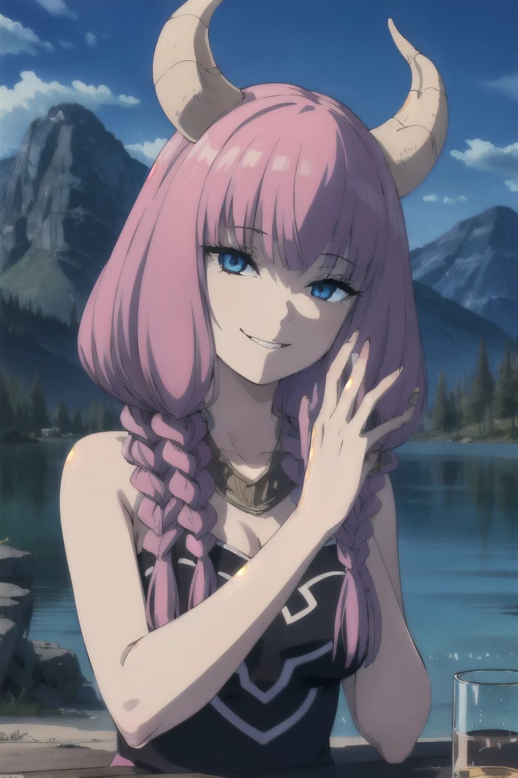 solo,grin,
TheGuillotineAura,1girl,
multiple braids,demon horns,
bare shoulders,
nature,sunshine,midday,mountain,sky,lake, BREAK (masterpiece:1.2), best quality, high resolution, unity 8k wallpaper, (illustration:0.8), (beautiful detailed eyes:1.6), extremely detailed face, perfect lighting, extremely detailed CG, (perfect hands, perfect anatomy),