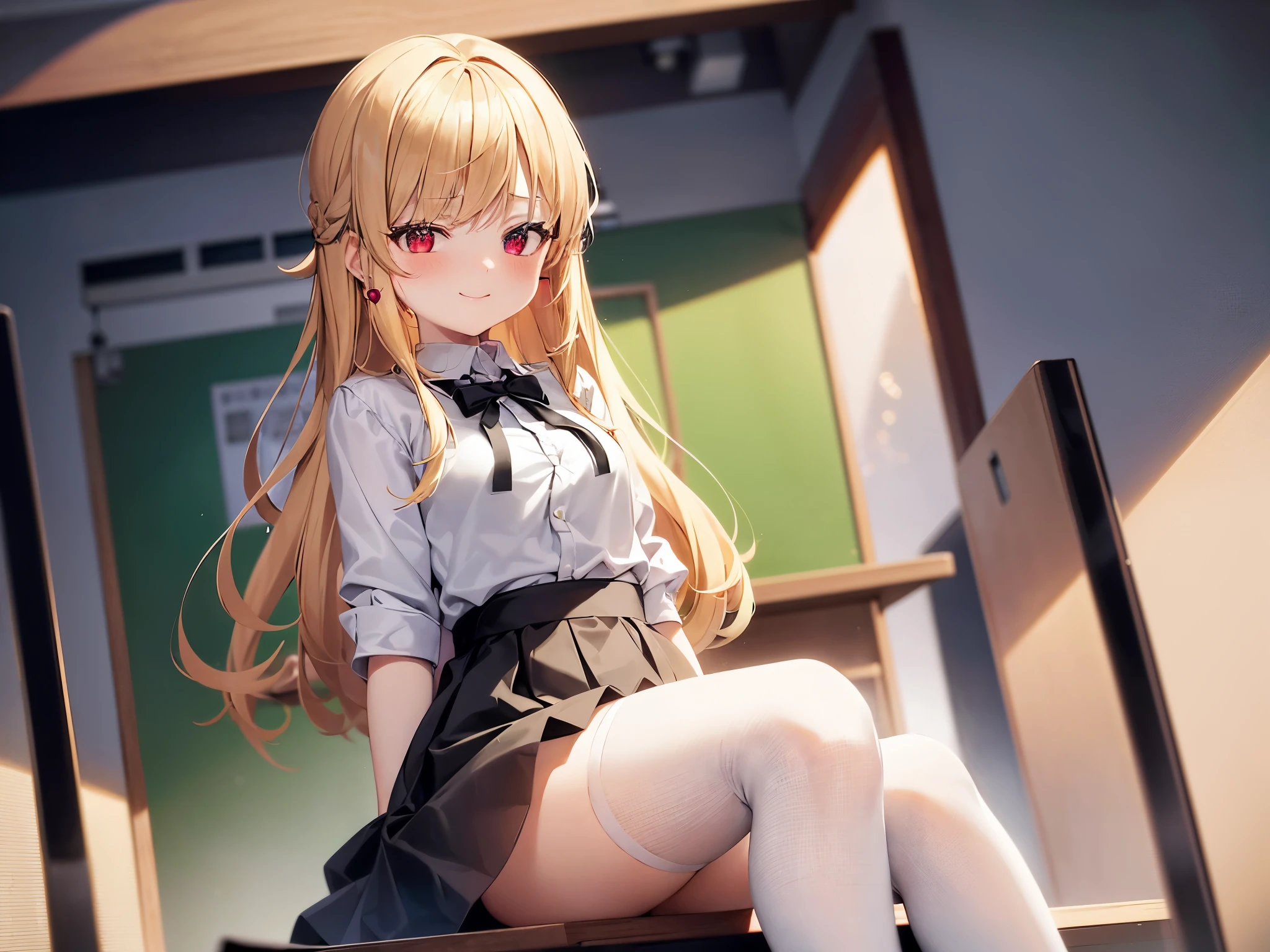 masterpiece, Highest quality, 8k wallpaper, Very detailed, A girl about 12 years old, (Golden Hair:1.1), Long Hair, fine grain、(Red Skirt)、 White dress shirt,(A single large red flower hair ornament:1.1),Light blue eyes、drunken eyes ,looking down、embarrassed,ceiling,nature background、open vagina,sit astride,indian style,(skirt lift:1.0)、showing panties,(panties aside:1.2)
