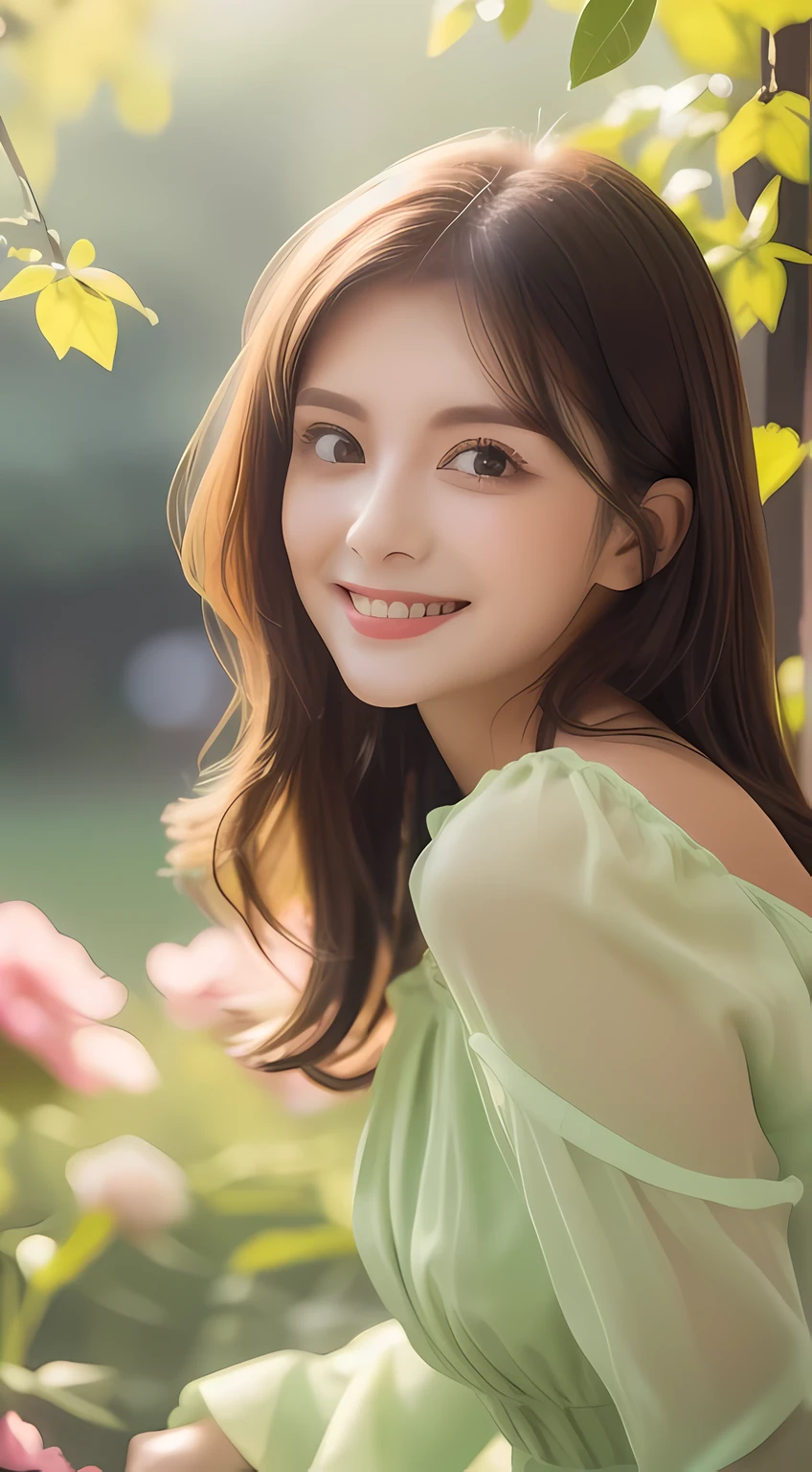 (masterpiece), (best quality), ultra high resolution, sharp focus, warm soft tones, ((1 mature woman, alone)), Upper body, medium long shot, MLS, beautiful fine hair, chestnut brown hair, messy long hair, Beautiful and delicate face, ((beautiful eye shape, green eyes)), perfect female face, smiley face, Smile, look at the audience,Feminine sheer dress, on a beautiful morning, Sitting on the beautiful flower meadow