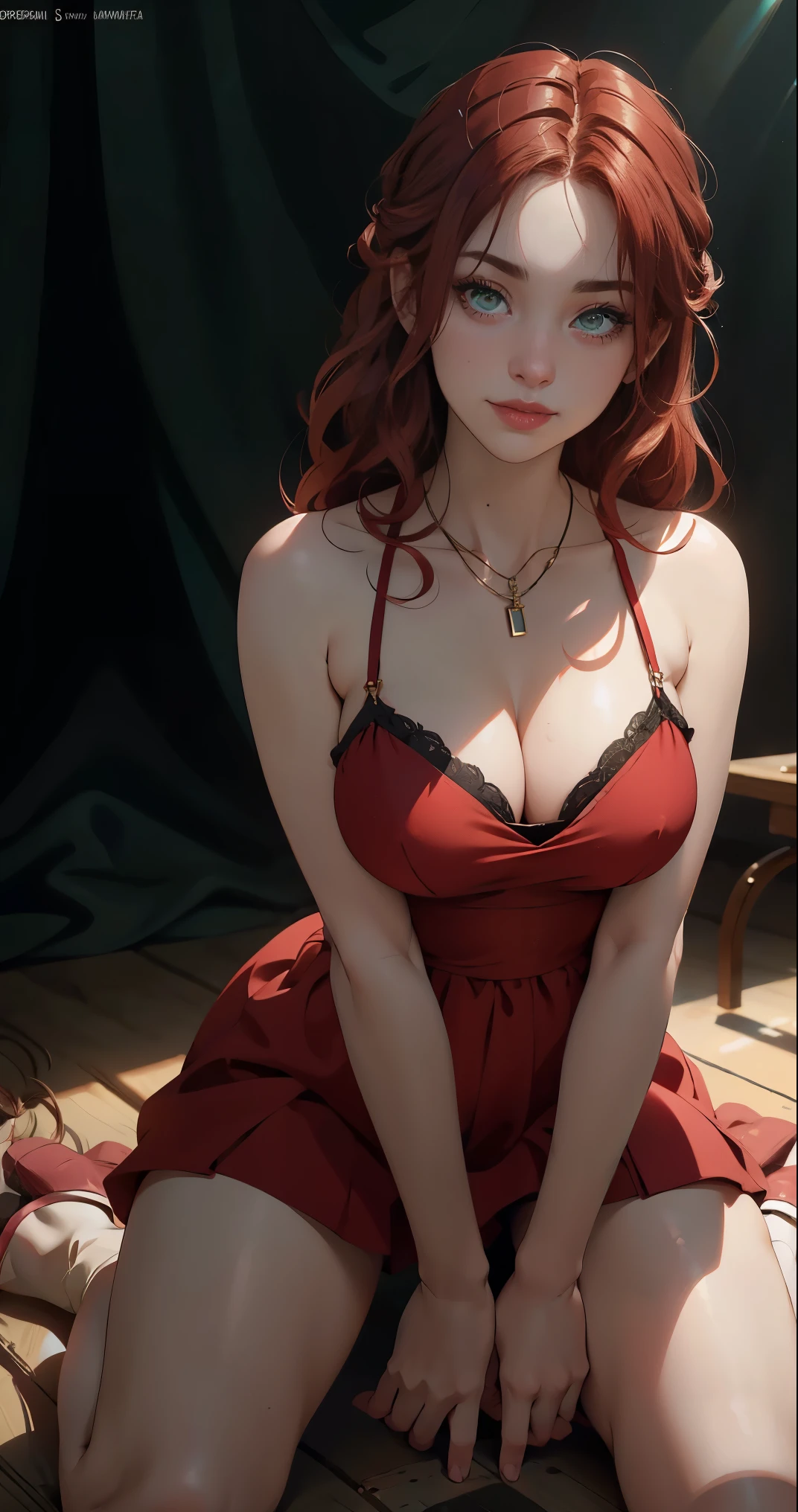 8k, RAW Photography, portlate, top-quality, 超A high resolution、piercings、Photorealsitic, 1 girl, full bodyesbian, redhair, Green eyes、a necklace, a smile, eye lashes, movie lighting, depth of fields, lensflare、camisole, kneeling