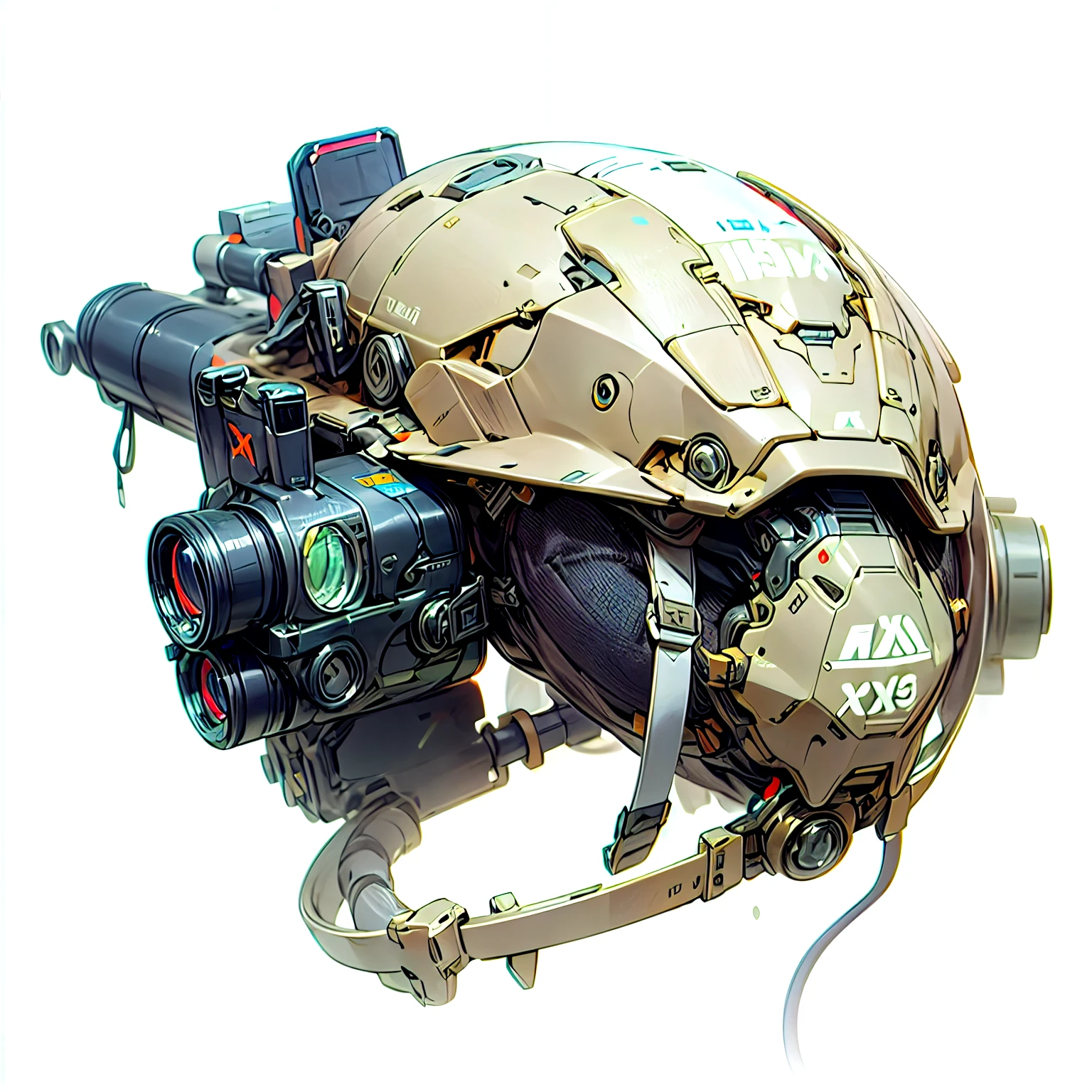 Close-up of helmet with camera attached, Intricate high-tech helmets, Hyperopia XR-20, future combat equipment, Night Vision Goggles, Sci-fi helmets, Specifications - Action Leader, Modern military equipment, futuristic cybernetic helmet, shoulder gun, Combat helmets, Detailed helmet, modern helmet, military helmet, cgi rendering