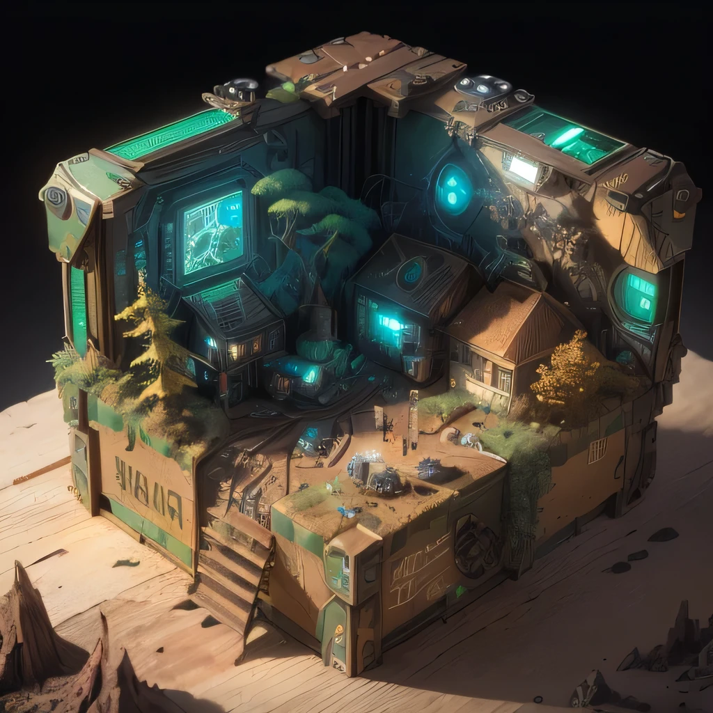 6598年Mars realistic model, (Bifurcation, original photo, best quality, masterpiece:1.4),Steampunk Cyberpunk 6820 City,(CyberpunkMars light:1.3), Mars (related to land),(in a small nature box:1.3),Isometric, small nature, landscape on foundation,landscape,