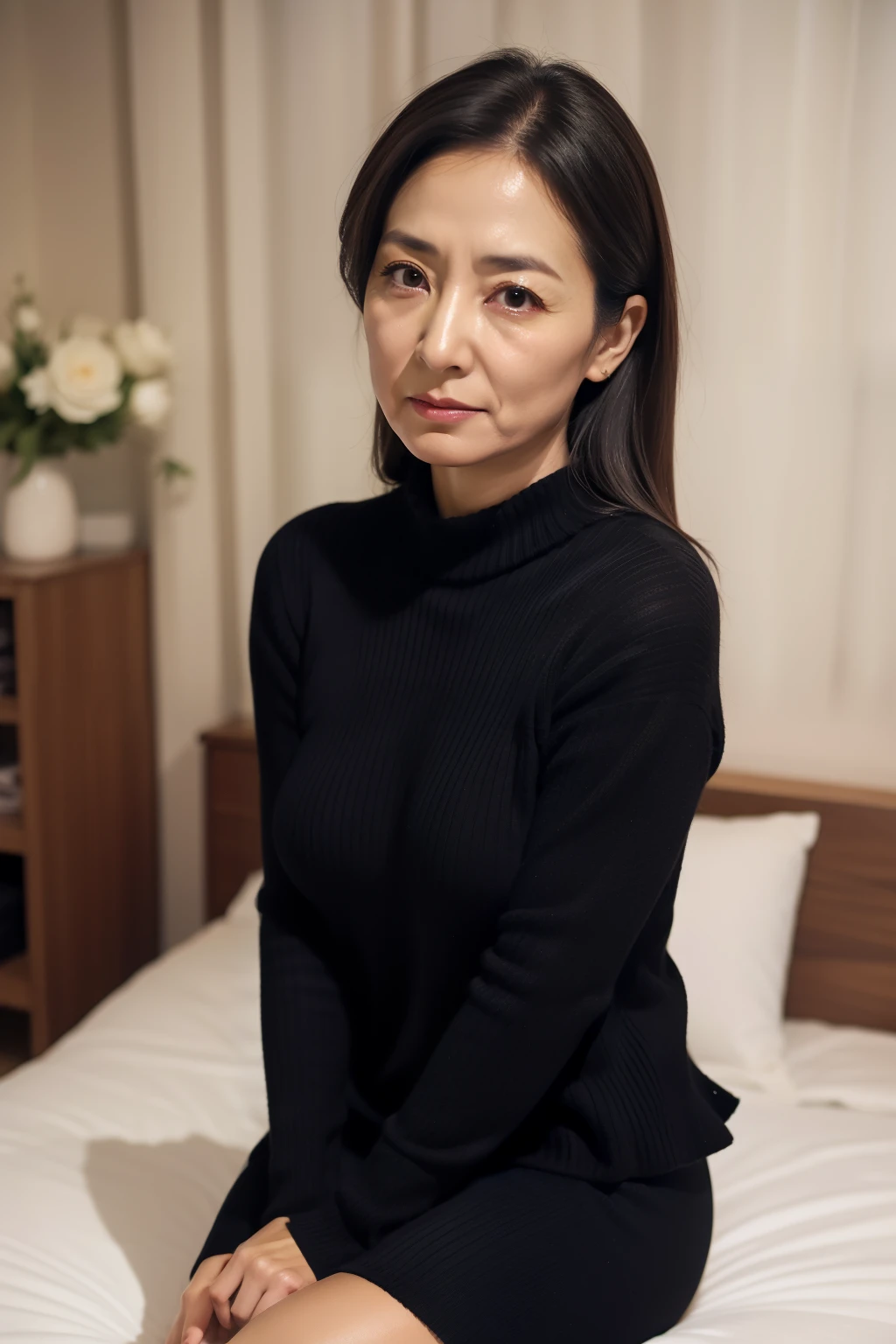 A woman sitting on hotel bed wearing black sweaters, black skirt. black thong.in a dimly lit room at night.1girl, japanese mature, (Solo), 50 years old, (Wrinkles at the corners of the eyes:1.4), Large breasts, long hair, A MILF, glamor, A sexy, Chromo-white skin, Looking at Viewer, Super large udder, Tight Fit Knitted Dresseuchimuchi, Black pantyhose, Angry expression. Crying expression.