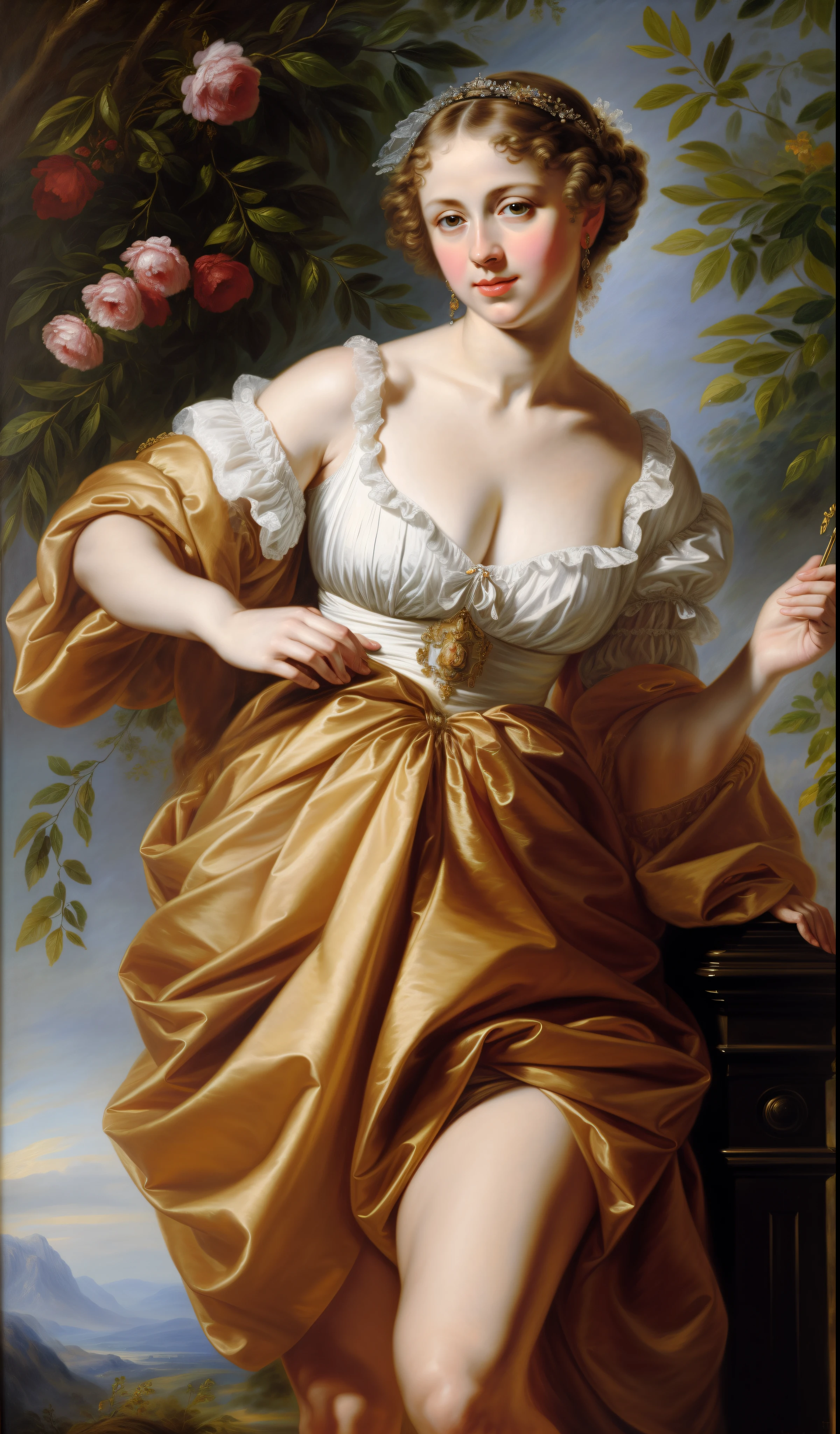 masterpiece, romanticism, oil painting, acrylic on canvas, a beautiful young lady painting in Peter paul Rubens style, healthy figure, famous painting, by Peter paul Rubens, hyper realistic, Epic details, High quality, 8k, Artstation