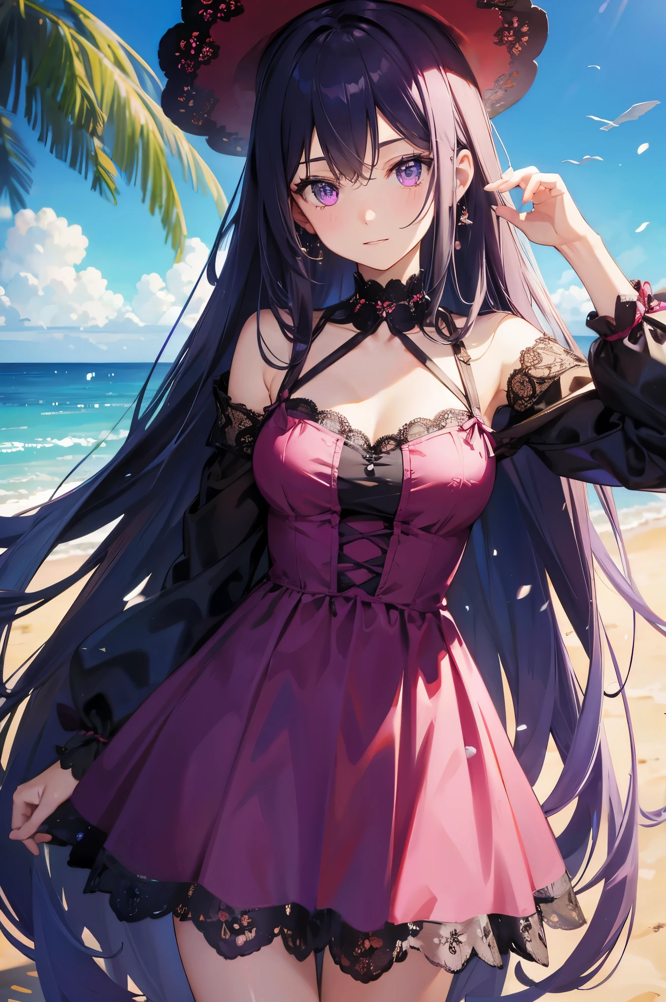  Masterpiece, high resolution, best quality, very detailed, pink eyes, beautiful woman, purple dress, beach, long hair, lace