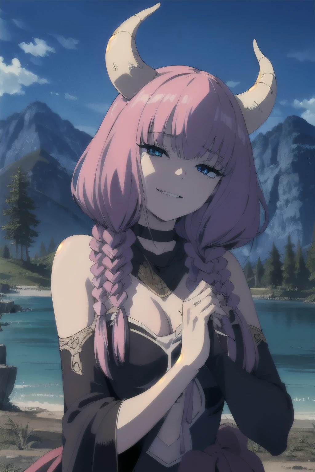 solo,grin,
TheGuillotineAura,1girl,
multiple braids,demon horns,
bare shoulders,
nature,sunshine,midday,mountain,sky,lake, BREAK (masterpiece:1.2), best quality, high resolution, unity 8k wallpaper, (illustration:0.8), (beautiful detailed eyes:1.6), extremely detailed face, perfect lighting, extremely detailed CG, (perfect hands, perfect anatomy),