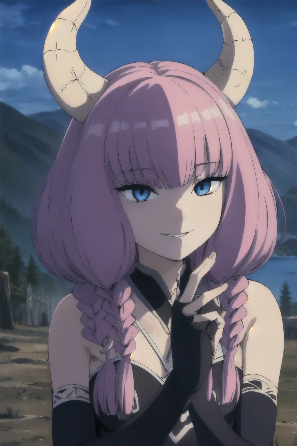 solo,grin,
TheGuillotineAura,1girl,
multiple braids,demon horns,
bare shoulders,
nature,sunshine,midday,mountain,sky,lake, BREAK (masterpiece:1.2), best quality, high resolution, unity 8k wallpaper, (illustration:0.8), (beautiful detailed eyes:1.6), extremely detailed face, perfect lighting, extremely detailed CG, (perfect hands, perfect anatomy),