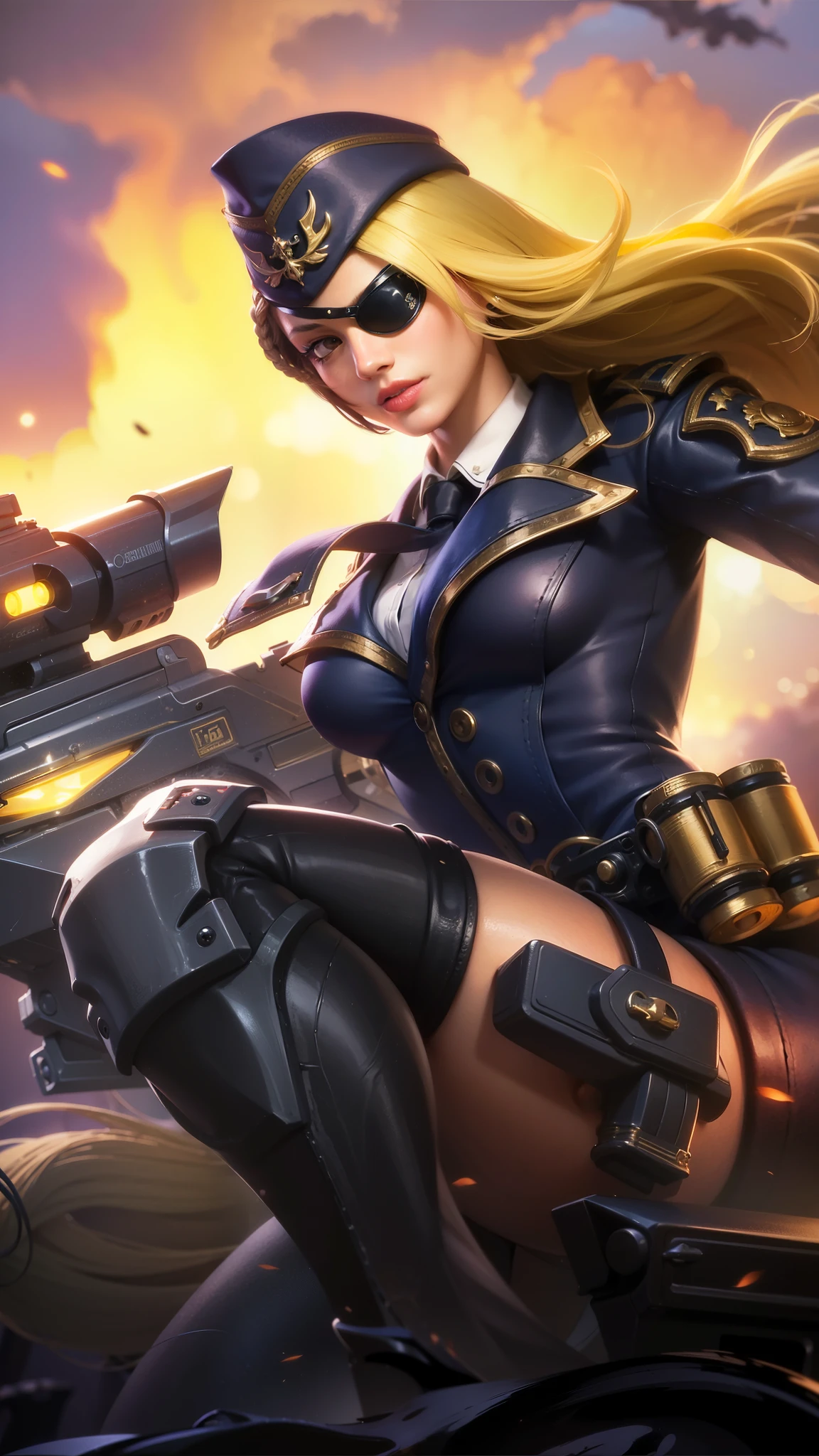 a close up of a woman with a gun in her hand, blonde long hair, red lips glossy, 8k, ultra hd, ultra detailed texture, hyper realistic, masterpiece, detailed texture, detailed face, detailed skin, detailed lighting, (photorealistic:1.5), best quality, beautiful lighting, cinematic lighting, professional lighting, ultra highres, realistic, detailed hair, real hair, high quality, (realskin:1.5), extremely detailed, finely detail, ultra-detailed, braids, eye patch, left eyepatch,