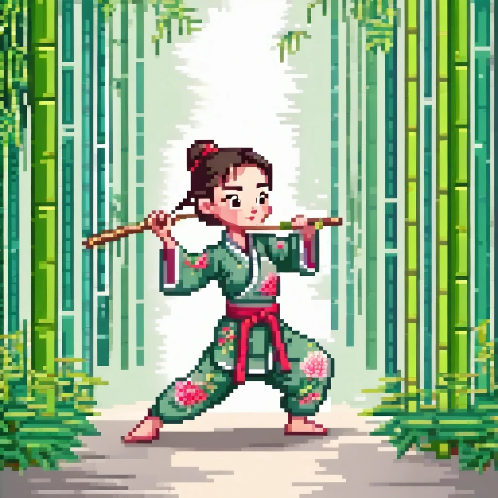 cute cartoon, Chinese martial arts, Vector illustration, 1 girl, bamboo forest, martial arts, energetic pose, Holding a long sword, colorful clothes, traditional style, Featuring peonies and waves, bamboo forest environment is quiet and lush, high bamboo pole, Sunlight casts dappled sunlight through the leaves, A vacant lot, driving range, Vector martial arts illustration