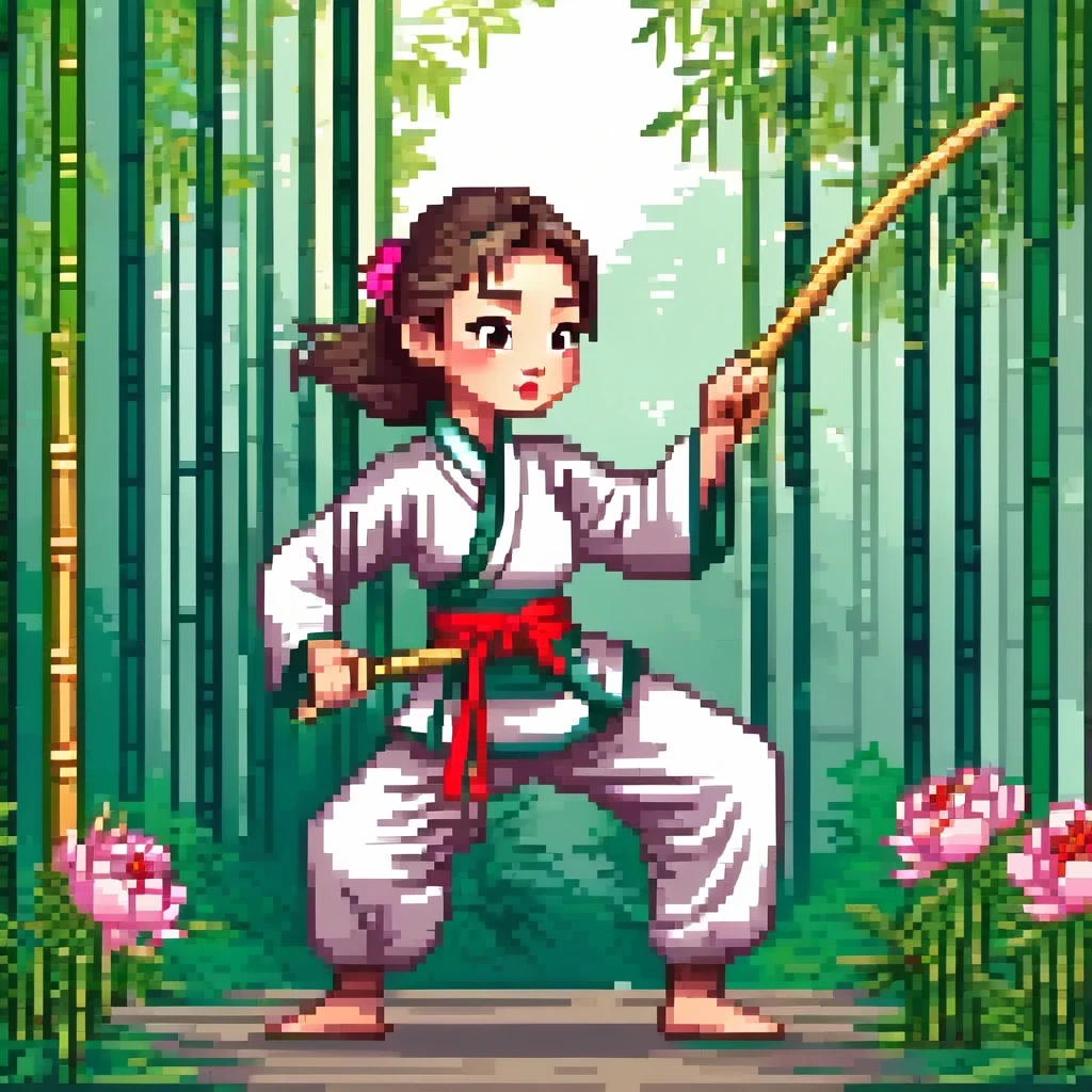 cute cartoon, Chinese martial arts, Vector illustration, 1 girl, bamboo forest, martial arts, energetic pose, Holding a long sword, colorful clothes, traditional style, Featuring peonies and waves, bamboo forest environment is quiet and lush, high bamboo pole, Sunlight casts dappled sunlight through the leaves, A vacant lot, driving range, Vector martial arts illustration