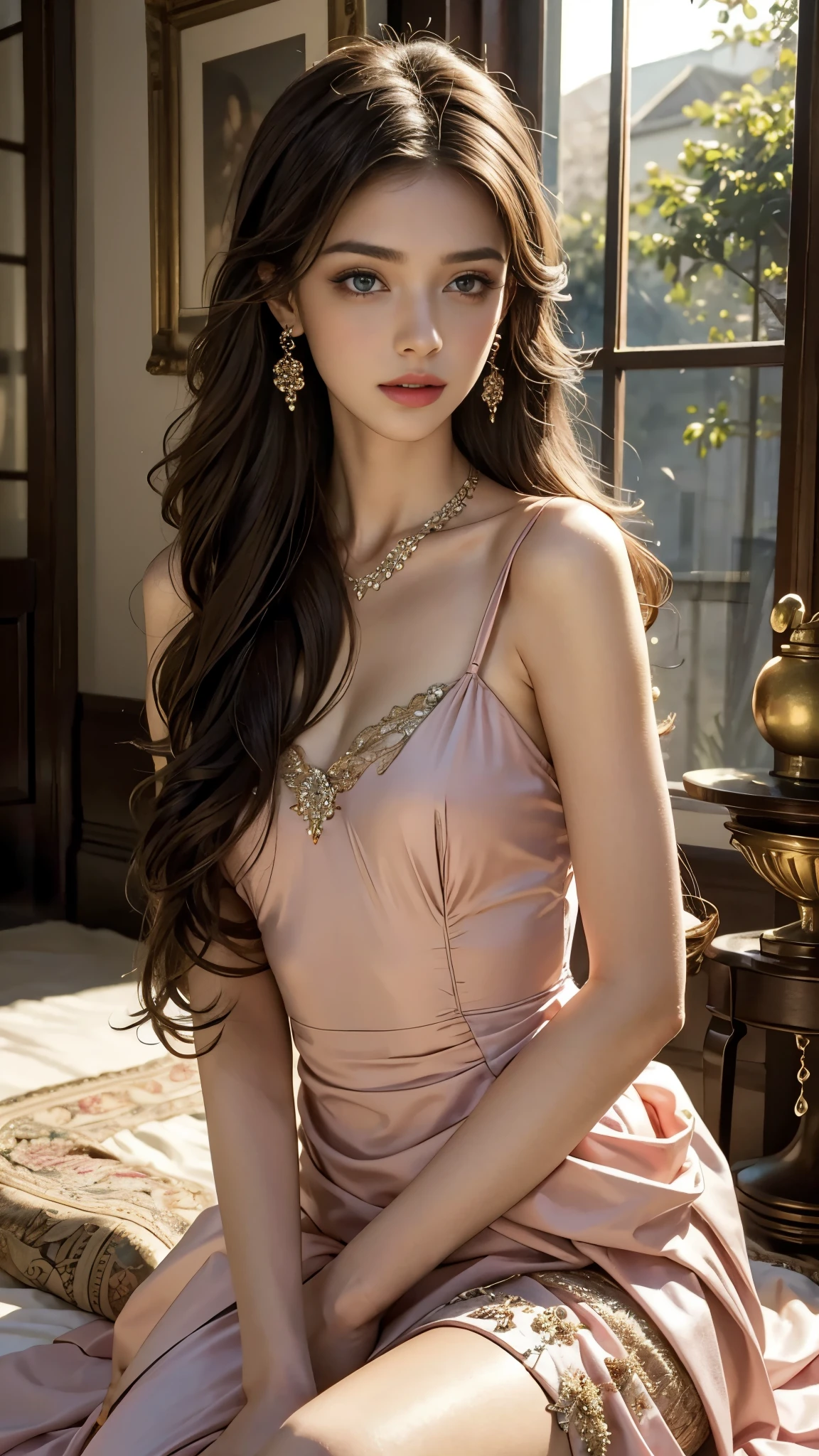 8K, ultra hd, masterpiece, best quality, a beautiful girl, long hair, impressive hairstyle, royal hair jewelry, jewellery earrings, antique jewellery, details eyes, beautiful eyes, meticulous makeup, thin eyebrows, beautiful lips, small breasts, royal dress, pink dress, strap dress, realistic colors, magic effect, epic scenery, epicness background, perfect body, sitting,