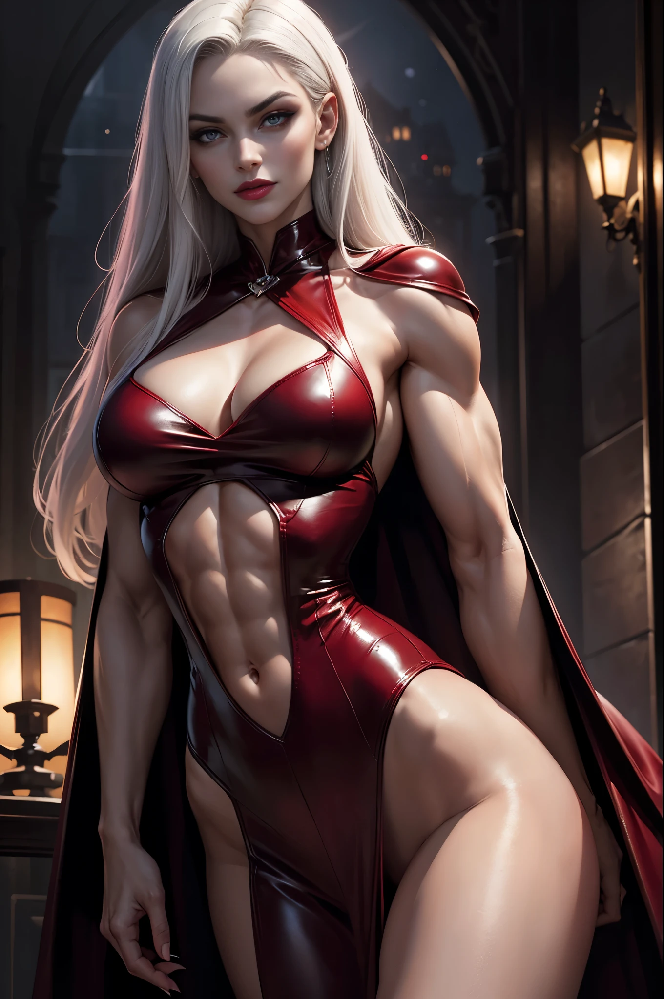 (best quality,4k,8k,highres,masterpiece:1.2),ultra-detailed,physically-based rendering,vivid colors,bokeh,a playful sexy female vampire with muscles, (((strong muscles, defined muscles, biceps, triceps, eight pack abs, wide shoulders, narrow hips, narrow waist, huge breasts))),portraits,sharp focus,beautiful detailed eyes,beautiful detailed lips,extremely detailed face,longeyelashes,pale skin,twilight atmosphere,dark red lipstick,gorgeous appearance,((muscles visible through clothing, leather top,))strong biceps and abs,sensual expression,prowling in the moonlight,seductively fanged smile,long flowing  platinum blonde hair,striking pointy fangs,mysterious gaze,blood-red nails,provocative pose,dangerous beauty,alluring red silk dress,draped in a velvet cape,confident posture,enchanted aura,moonlit garden background,glowing eyes,piercing stare,mesmerizing charm,slender figure,graceful movements,fierce and powerful presence,immortal allure,temptation and desire,seductive vampire queen,ethereal and captivating,glamorous vampire queen
