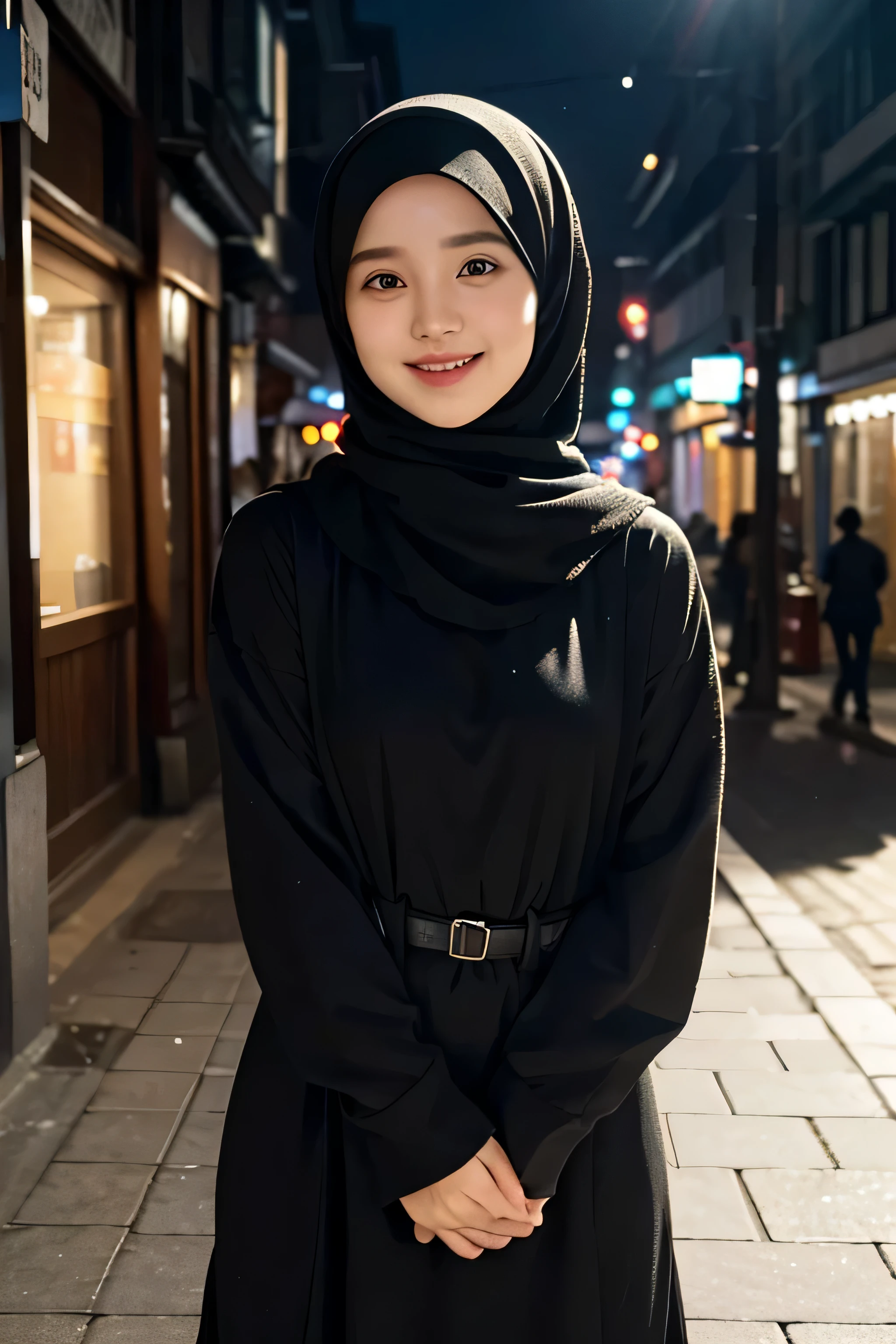 masterpiece, realistic, 8k, ultra HD, a street center photo shows an adorable, 24-year-old. In this photo, it is apparent that she has sharp eyes and a pointed nose, but she has a cute smile. Her breasts are small sized. The photo was taken at a street center in Korea with good lighting that creates a cinematic atmosphere for the image. She is also seen wearing an adorable hijab.