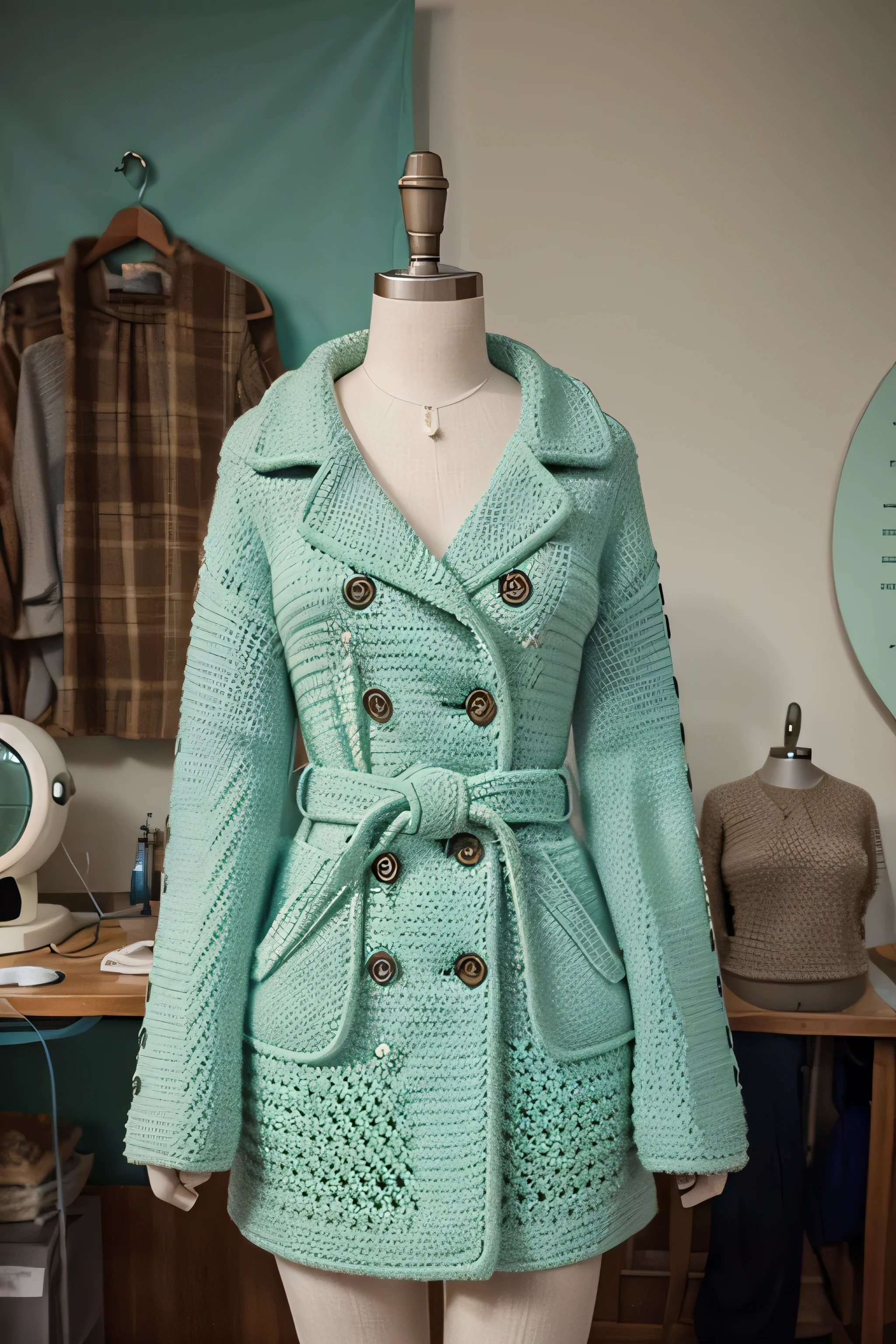 A breathtaking image of a stunning mint green women&#39;s coat, crocheted, with an unusual pattern., Striking design, hand knitted with large knitting. Coat presented on a mannequin in a sewing workshop., with various sewing tools and fabrics in the background. The overall atmosphere is a combination of creativity., craftsmanship and elegance.