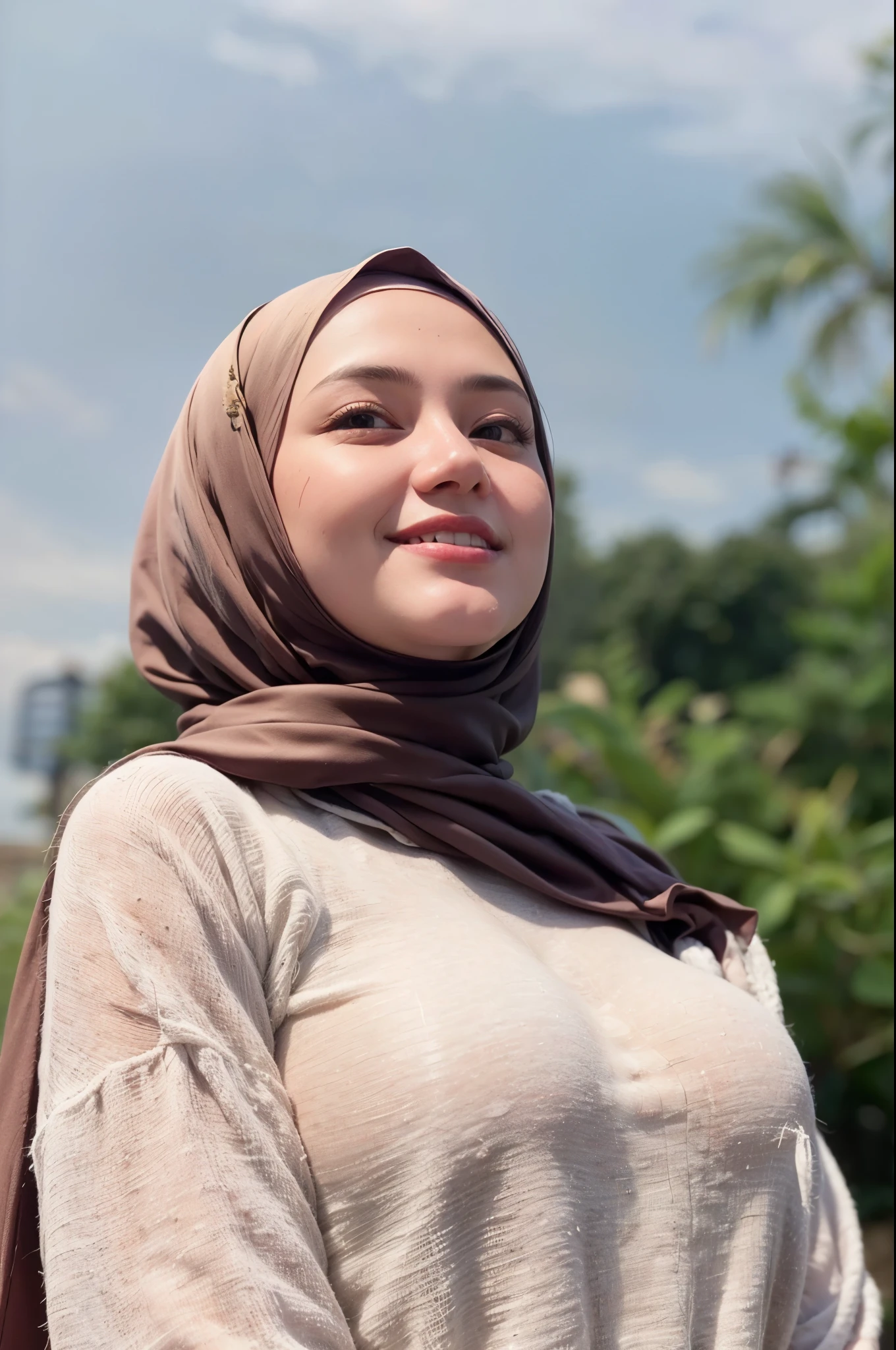 masterpiece, (ultra-high-definition portrait, vignet:1.4), Realistic, extremely detailed, CG unified, 8k, Clean lines, highly detailed, High-definition, raw color photos, she is smiling, Realistic portrait, Cinematic Light, Beautiful detailed, (1hijabgirl, indonesian:1.5), (165cm tall, big breasts with very very tight clothes:1.5), Beautiful big breasts, breasts details, very tight, (Biggorgeous breast, Horny smile with Horny look:1.5), (Horny face, Big Breast:1.4), Close up of a girl in Beautiful clothes with errcted nipple, biggorgeous breast, Soft smile, scarf, (Beautiful Tight Clothing with curvaceous body:2), pose 4 of 1 6, Undress, No bra, (nipples that are clearly sticking out detail:1.2), Outdoors, high intricate detailed.