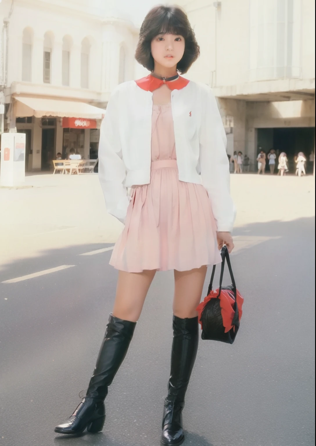 (masterpiece、realistic、超A high resolution、high quality:1.2)、 1 person, (young),(no makeup), black haired, portrait, (Full body Esbian) , old photograph, 80'Style , dynamic pose, studio, (seikomatsuda:1.2), with cuff, bondage, slave, (Rubber red corset:1.3), red collar, NSFW, ((最high quality、16k、masterpiece:1.3))、sharp focus:1.2、Beautiful Japan woman with perfect body shape:1.4、18-year-old, wet body:1.5、Highly detailed face and skin texture、detailed eye、short hair, small breasts, camel toe