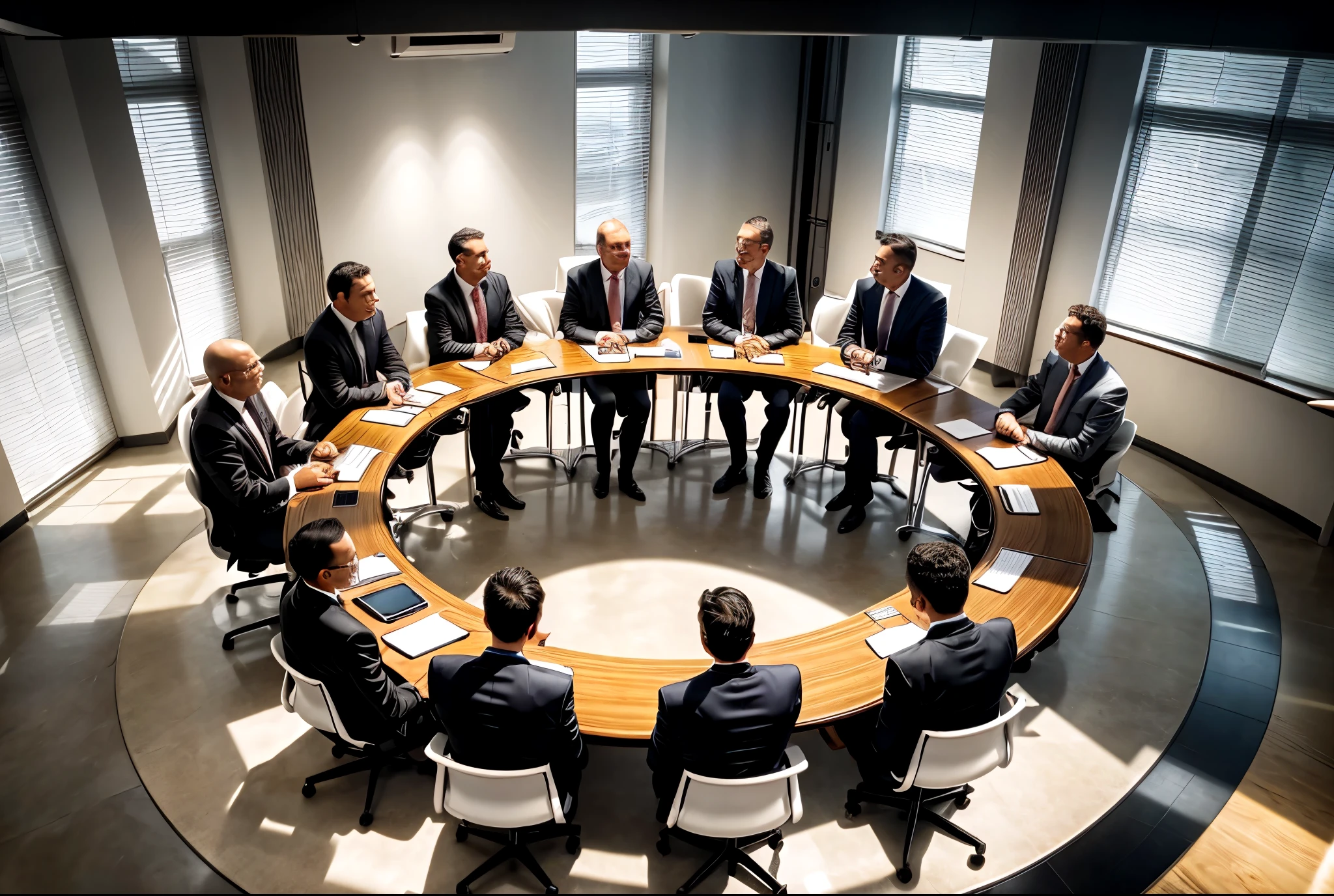 a meeting of business men around a circular white desk, in a wide hall, high detailed, many details