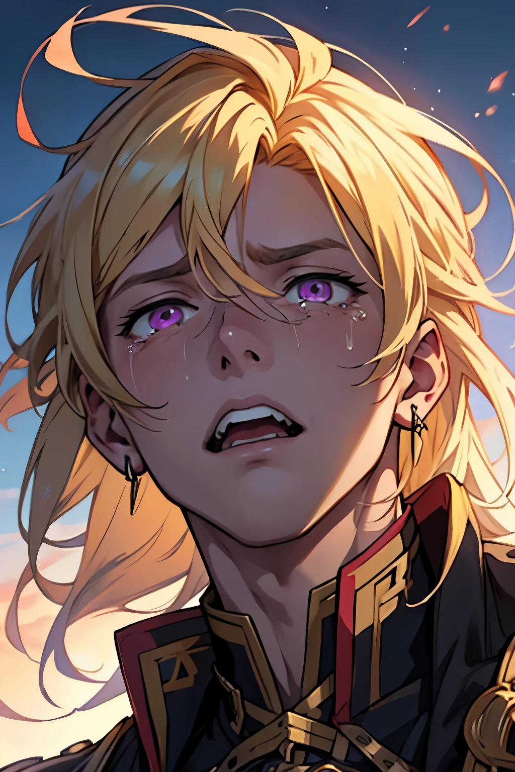 anime - scared face, shocked face, crying face, scared, tears, mouth open, screams, squinting, screaming, looking at the sky, looking up, style image of a young prince with purple eyes and blonde hair, blonde hair, blonde hair, a portrait of a male prince, beautiful male prince, a male prince, portrait of a young prince, handsome guy in demon slayer art, male, young, beautiful androgynous prince, smirk, artwork in the style of guweiz