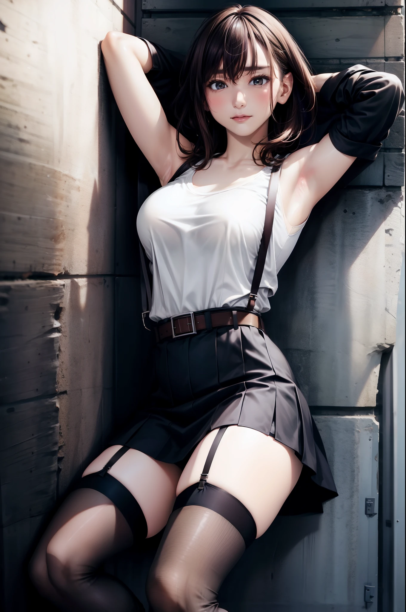 Black skirt, Tank Tops suspenders, Brown hair Gray eyes, Garter belt on the legs, Tight clothes, a belt Armpit sweat deadpan large full breasts short-cut