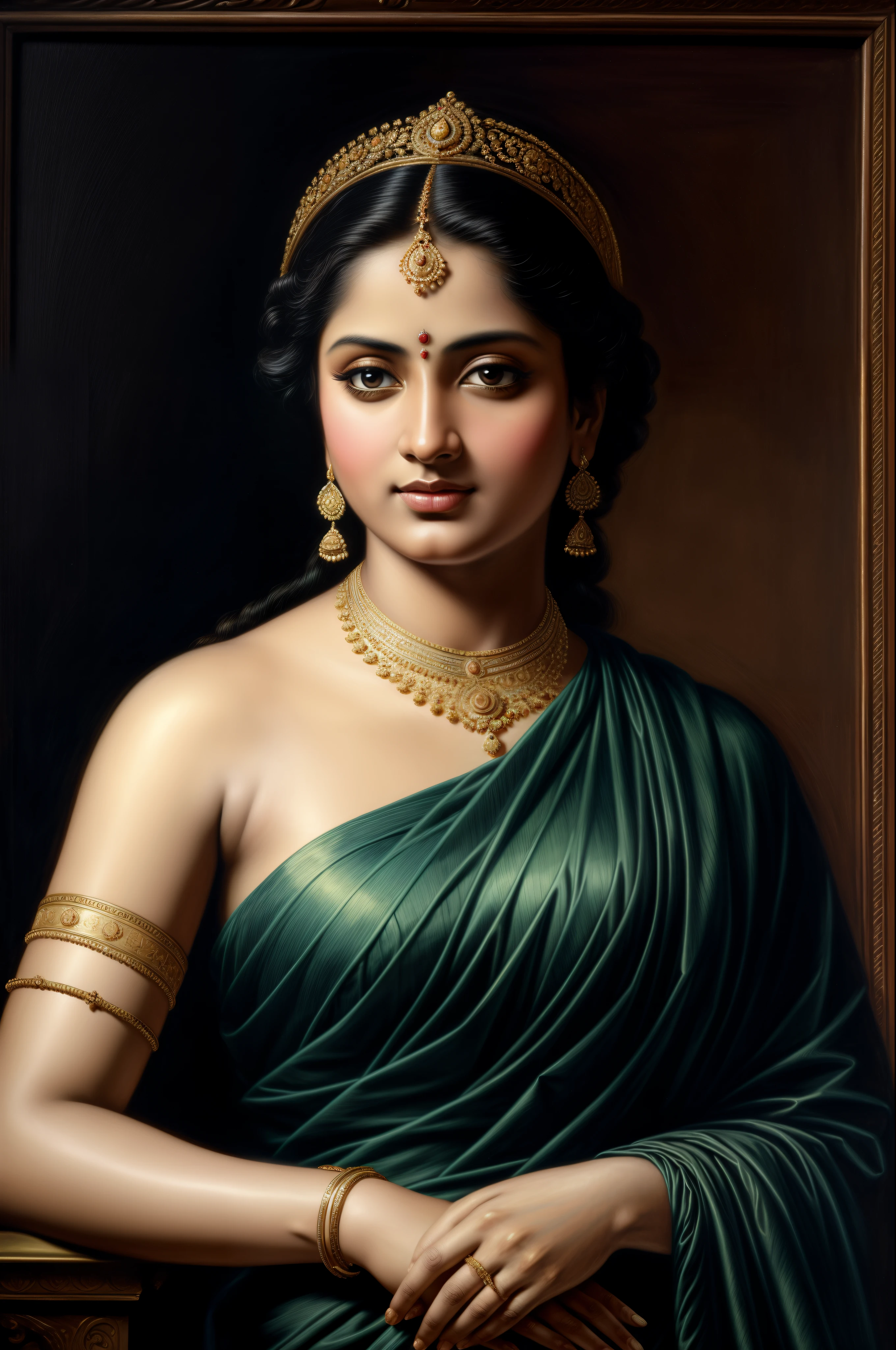 Beautiful Indian Woman, wearing saree, sari Beauty, gorgeous, Apsara, Maharani, royal queen woman, nymph from Hindu Mythology, Urvashi, matchless beauty, Highly detailed, Oil Painting by Peter Paul Rubens inspired by Raja Ravi Varma, Matchless beauty, captivating, gorgeous, heavenly beauty, celestial beauty, by Peter Paul Rubens, 1893, realistic, hyper realistic, micro details, incredible artwork, insane details, ultra High resolution, 8k, 32k,  acrylic on canvas, intricate, flawless, detailed, detailed face, detailed eyes, masterpiece, by Peter Paul Rubens, by Caravaggio, by William Adolphe bouguereau, perfect face, perfect body, beautiful art, realism, baroque, renaissance Art, highly textured, beautiful and detailed eyes, uhd, best quality,