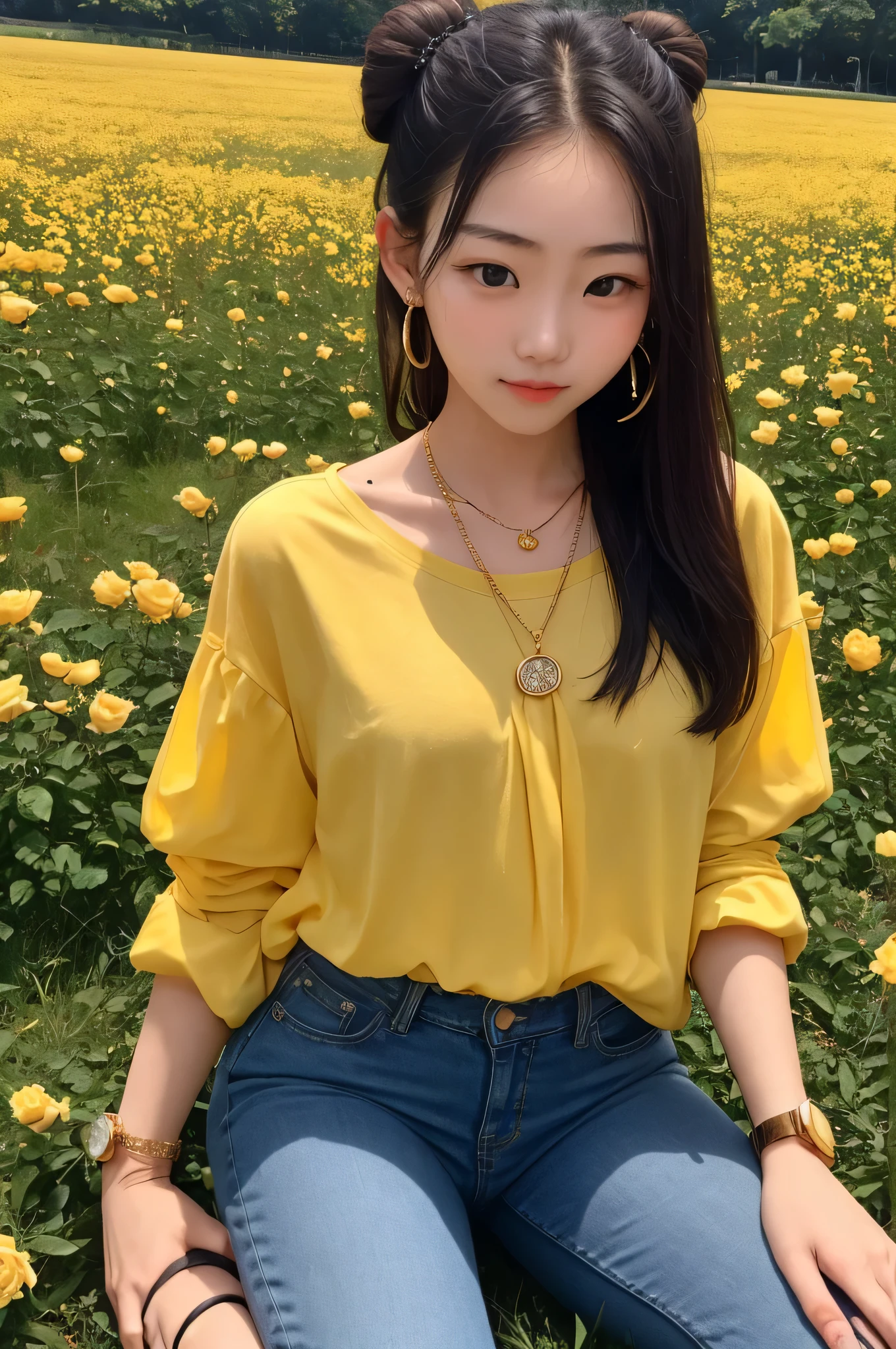 Koaye Chan The 18-year-old girl was lying face down, wearing a yellow shirt, yellow jeans, yellow heels, diamond earrings, a gold chain, and a gold watch.  The girl is as beautiful as a Korean girl, and her hair is tied in two buns on the left and right. The background is a field of colorful roses and a yellow cat is looking at the girl. A natural and beautiful girl.