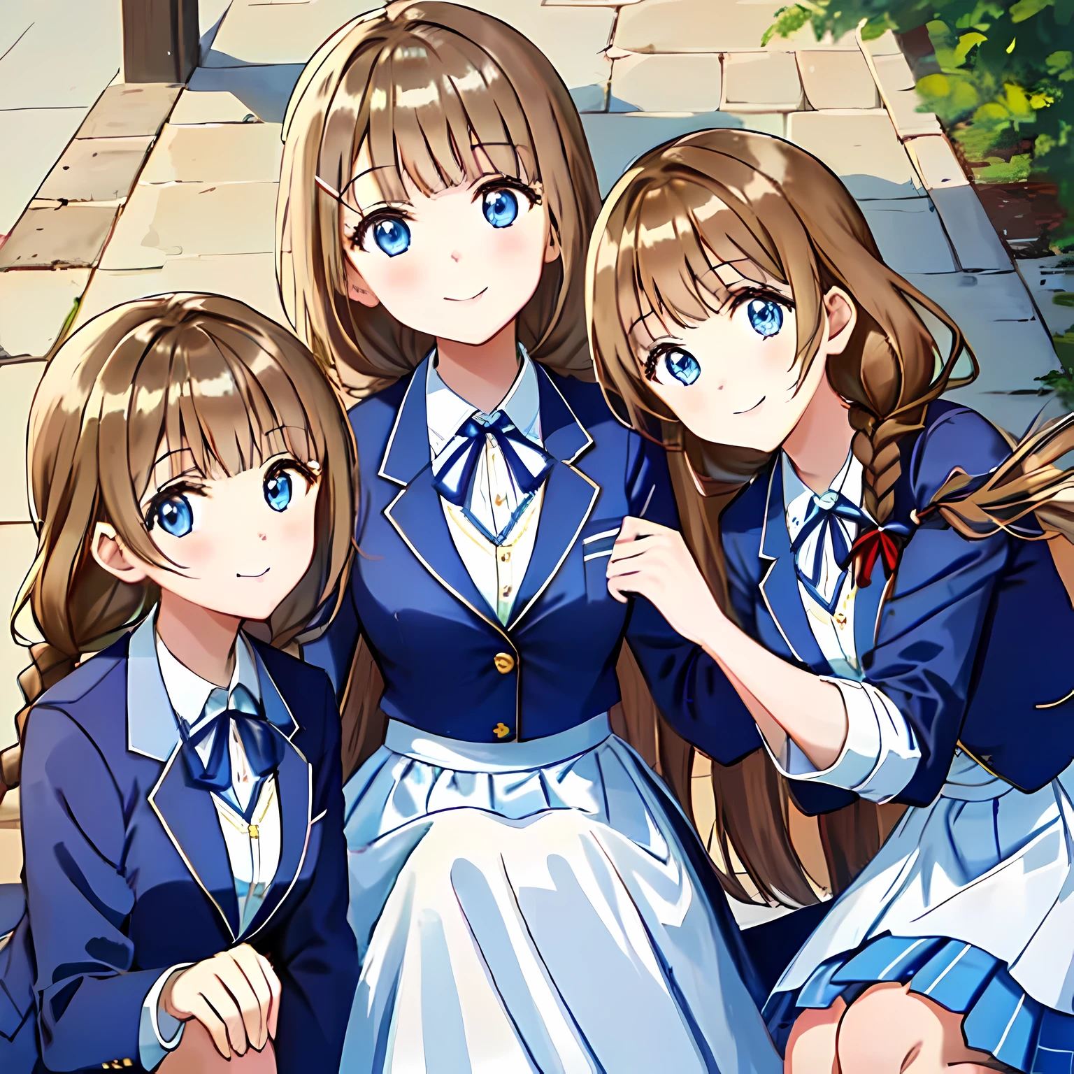 highest quality, (masterpiece:1.2), very detailed, Three girls are looking down on the lying viewer from above and below.., Glossy lips that make you want to kiss, nice smile, ((Cute big blue eyes)), (((dark brown hair))), 18-year-old, big shiny hair clip, school uniform, ((dark blue blazer)), ((very big blue school ribbon)), laughter、bright look、Both face and hair catch the light and shine, The corners of the eyes are drooping, The expression of a maiden in love, (((twin braid hairstyle))), A gentle and cute expression staring at the viewer, double eyelid, The background is the ceiling of the temple, round face, The ribbon on the chest is so cute, ((shot from below)), ((The eyes are very detailed))