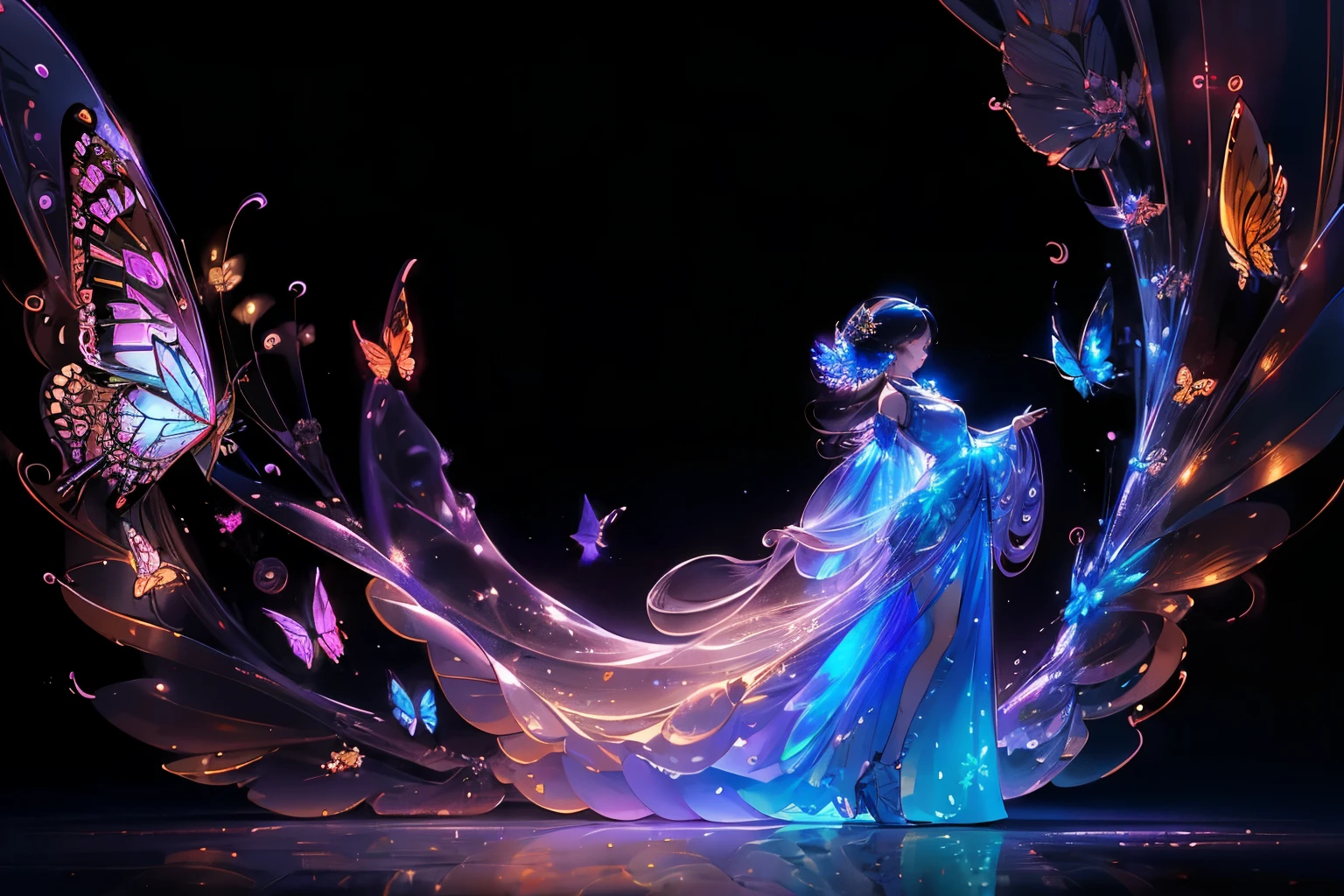 In this 4K 16:9 image, a glass pen skillfully etches the contours of a graceful girl as she dances, her lithe figure coming to life on a radiant, glowing paper backdrop. The girl's movements are captivating, and around her, an enchanting array of butterflies flutters, their delicate wings shimmering with a vibrant, iridescent sheen.

The paper background emits a soft, ethereal glow, casting a warm, gentle light on the girl and the butterflies, creating an atmosphere of magic and wonder. Each curve and line masterfully captured by the glass pen, every detail is rendered in met