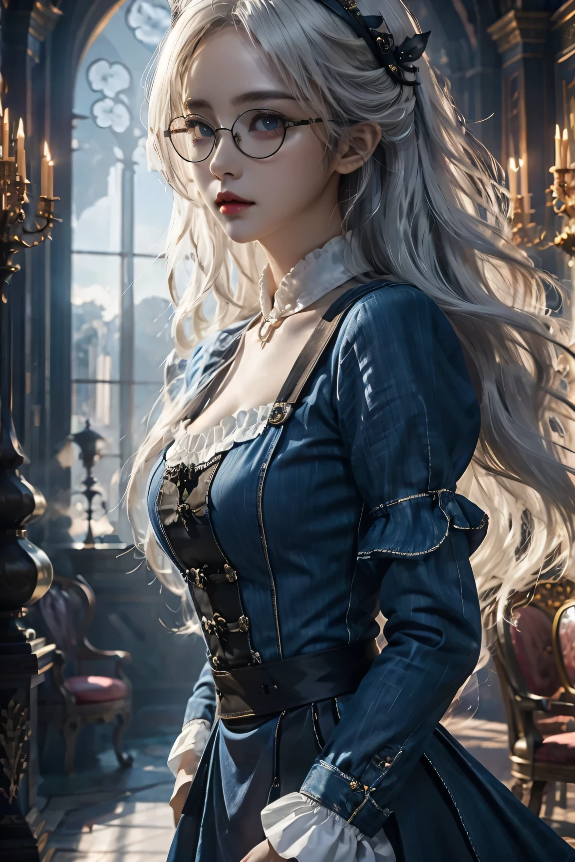 (in the darkness: 1.6),Surrealism, fantasy art, photorealism, dynamic lighting, art station, poster, Volumetric lighting, Very detailed faces, 4K, 1 girl, in the darkness, deep shadow, low profile, Denim maid outfit, long hair, white hair, broken into pieces, luxurious palace, royal style, (wear glasses),(hair accessories),