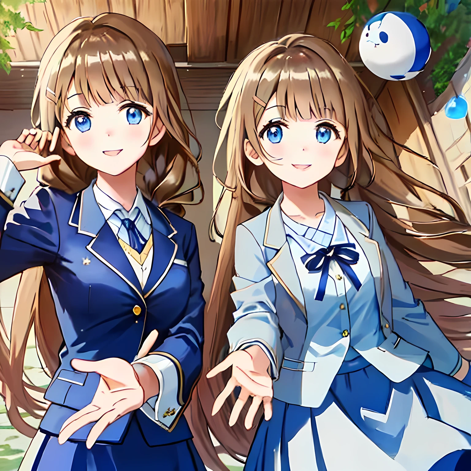 highest quality, (masterpiece:1.2), very detailed, Three girls are looking down on the lying viewer from above and below.., Glossy lips that make you want to kiss, nice smile, ((Cute big blue eyes)), (((dark brown hair))), 18-year-old, big shiny hair clip, school uniform, ((dark blue blazer)), ((very big blue school ribbon)), laughter、bright look、Both face and hair catch the light and shine, The corners of the eyes are drooping, The expression of a maiden in love, (((twin braid hairstyle))), A gentle and cute expression staring at the viewer, double eyelid, The background is the ceiling of the temple, round face, The ribbon on the chest is so cute, ((shot from below)), ((The eyes are very detailed))