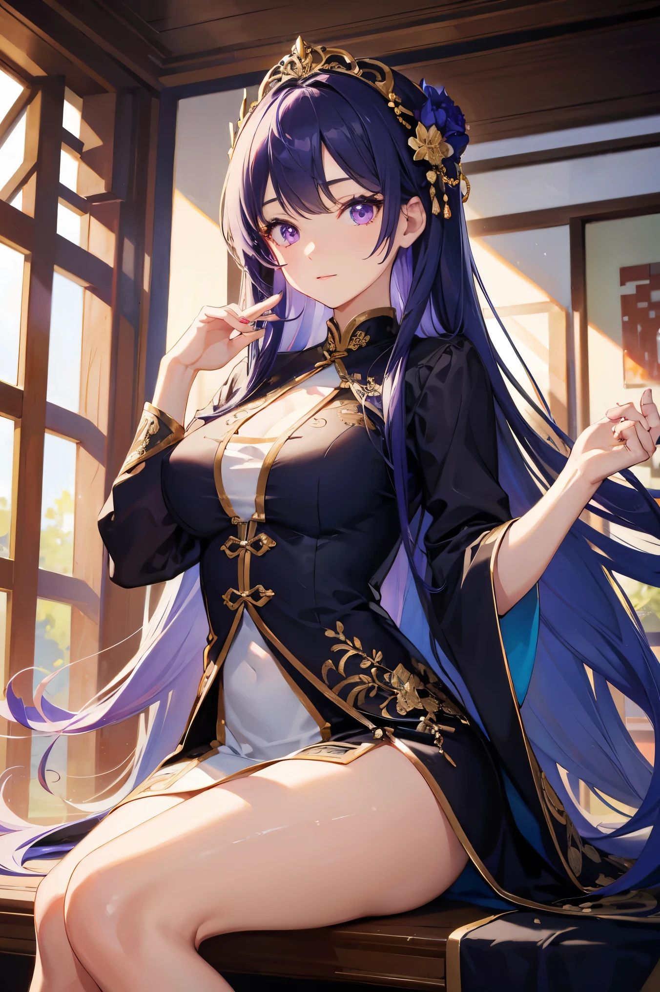 masterpiece, best quality,girl,(high detail:1.1), (Super detailed eyes), fair skin、purple eyes, long hair, sexy cheongsam,