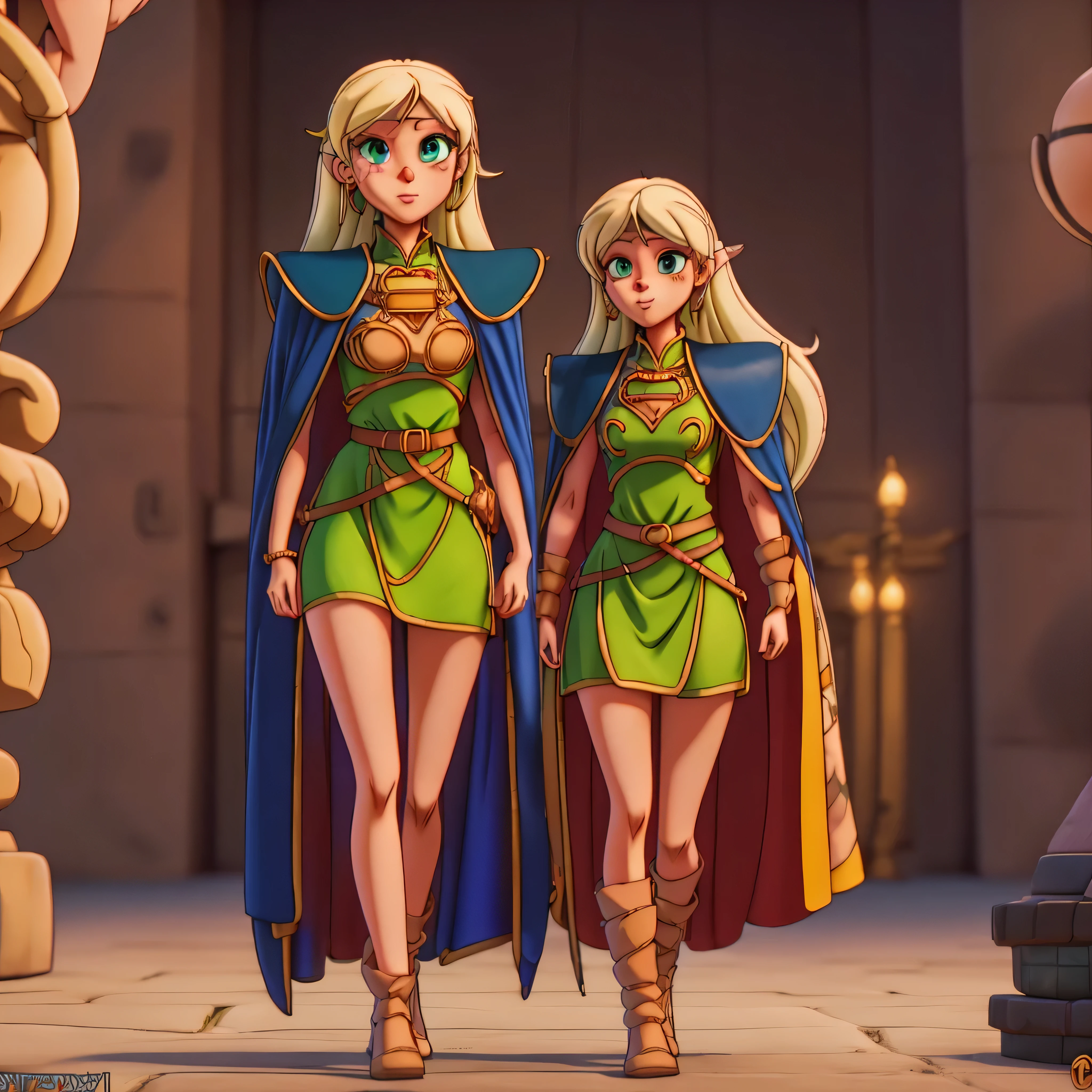 (frieren) and (Deedlit) walking through the forest, (full body view), (frieren has twintais, white hair, green epiceyes, pointy ears, wears white capelet, striped shirt, long sleeves, belt, skirt, black pantyhose, boots, earrings), (deedlit has long yellow hair, green eyes, pointy ears, wears short green dress, short sleeves, tiara, dark blue breastplate armor, dark blue pauldrons, dark blue cape, belt, bootasterpiece, best qualtiy, hdr)), epic beautiful realistic Puppetess elegant princess natural scepter fullbody "Sceptor of Domination" Tabernacle, gorgeous puppeteer bridaldress Lys perfect symmetrical meticulously intricate "Dia de los Muertos" rose, epic pupper-Mistress stunning clean figurine rossdraws puppet dream artgerm digital vibrant DSLR colorful hyper HDR epic UHD tmasterpiece extremely detailed ultra_high-resolution ultra_high-definition ultra_high-quality saturate reflection, varies multi etc. --v6 --s1000 --c20 --q5 --chaos100