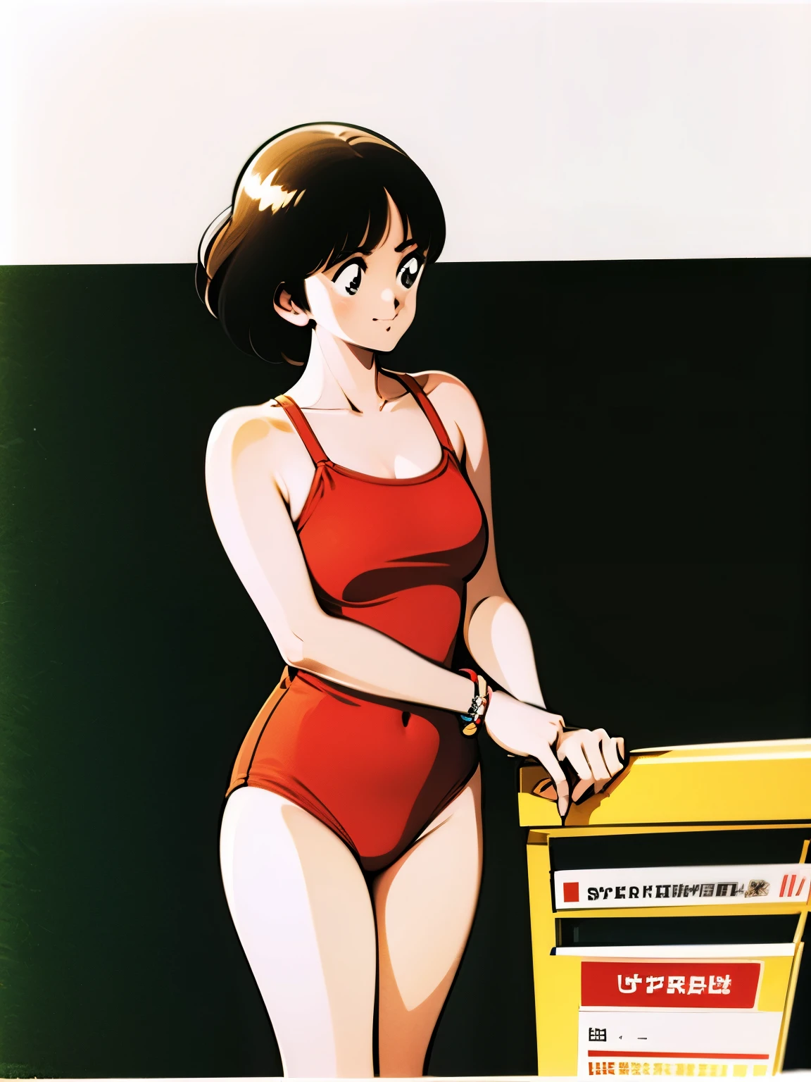 (highest quality, masterpiece:1.2), 1 girl, alone, swimsuit, one-piece swimsuit, red one-piece swimsuit, short hair, black hair, white background, simple background, cowboy shot, bracelet, black eye, jewelry, sign, casual one-piece swimsuit, retro art style, traditional media, bangs, masterpiece, expensive quality, very_expensive_solve, big_file size, full color,(completely nude:1.2),pussy,niplles,
