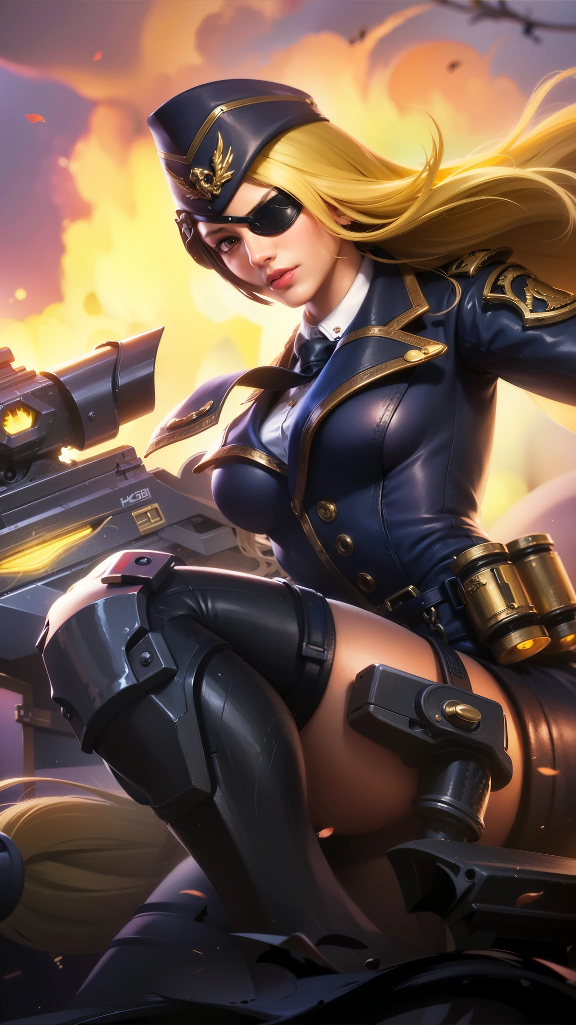a close up of a woman with a gun in her hand, blonde long hair, red lips glossy, 8k, ultra hd, ultra detailed texture, hyper realistic, masterpiece, detailed texture, detailed face, detailed skin, detailed lighting, (photorealistic:1.5), best quality, beautiful lighting, cinematic lighting, professional lighting, ultra highres, realistic, detailed hair, real hair, high quality, (realskin:1.5), extremely detailed, finely detail, ultra-detailed, braids, eye patch, left eyepatch,