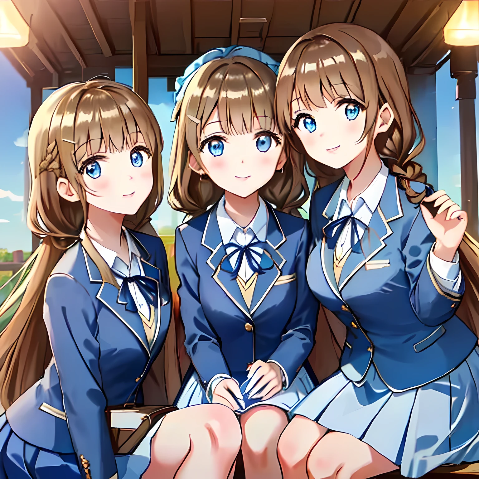 highest quality, (masterpiece:1.2), very detailed, Three girls leaning forward look down at the reclining viewer from above and below., Glossy lips that make you want to kiss, nice smile, ((Cute big blue eyes)), (((dark brown hair))), 18-year-old, big shiny hair clip, school uniform, ((dark blue blazer)), ((very big blue school ribbon)), laughter、bright look、Both face and hair catch the light and shine, The corners of the eyes are drooping, The expression of a maiden in love, (((twin braid hairstyle))), A gentle and cute expression staring at the viewer, double eyelid, The background is the ceiling of the temple, round face, The ribbon on the chest is so cute, ((shot from below)), ((The eyes are very detailed))