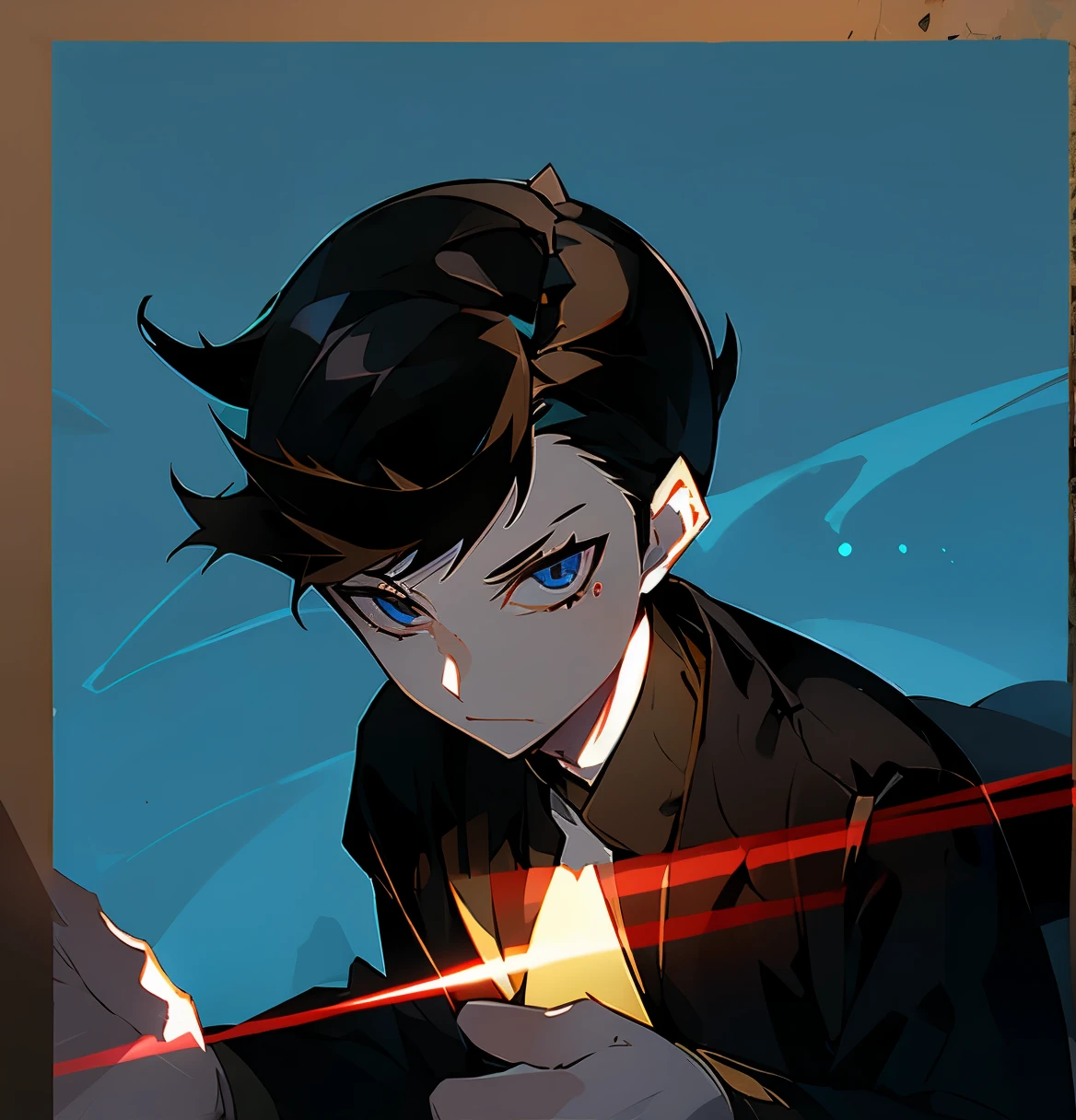A 16 year old boy with short brown hair, blue eyes shining in the dark, Camera close to face