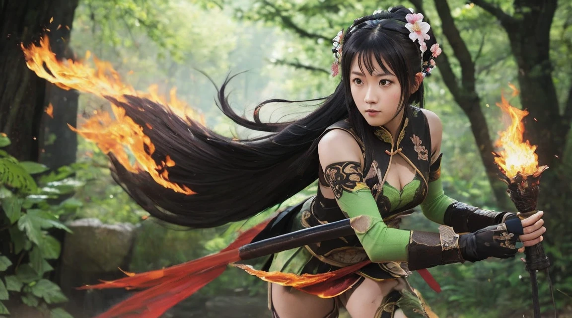 Guan Yinping,flame，combustion，kill，fighting stance, Serious, black hair, brown eyes, hair accessories, hair flower, green roof, looking at the audience, forest, Half body, Hold the card, Black stockings, permanent, 上Half body