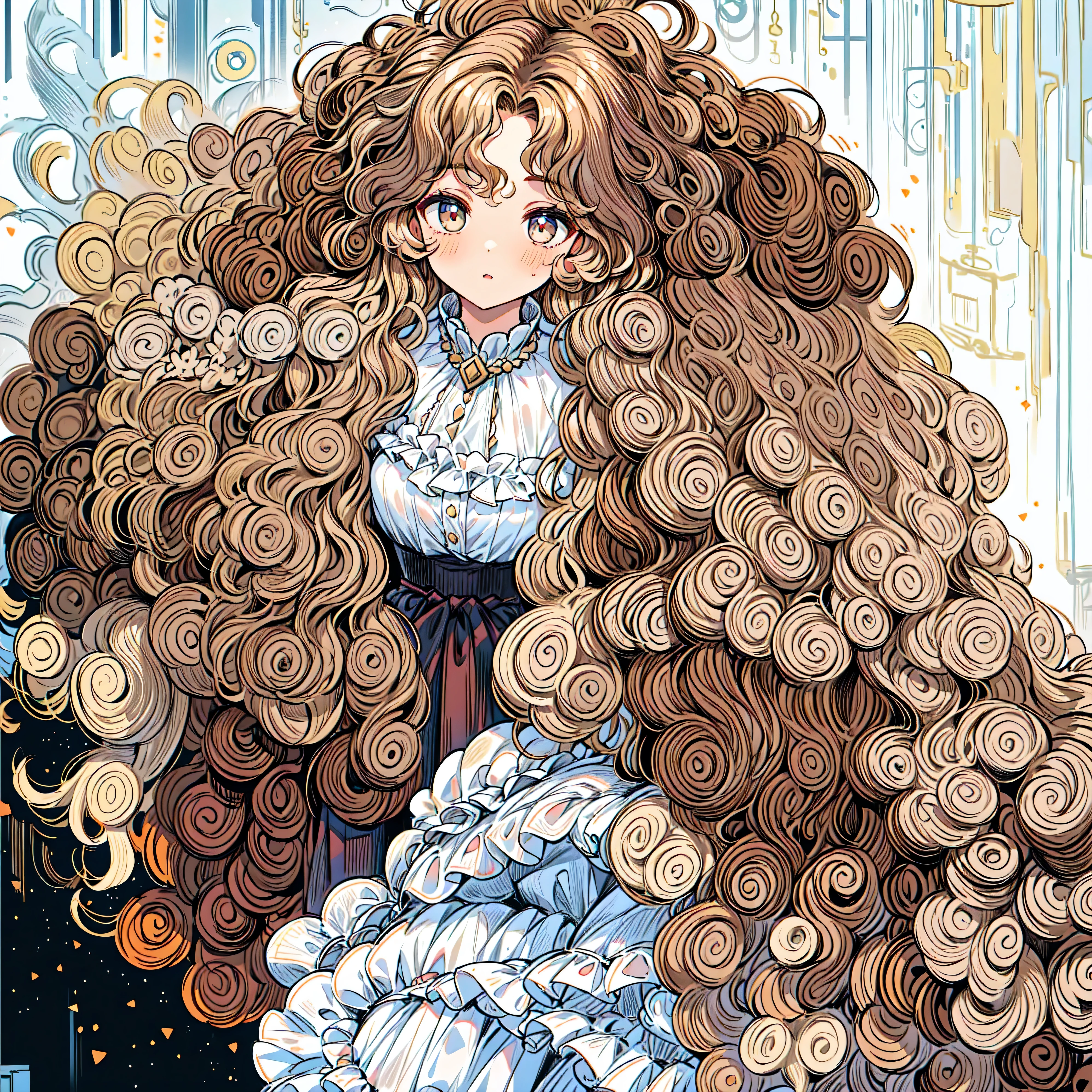 there is a woman with long curly hair and a white shirt, curly blonde hair | d & d, curly haired, curly hair, brown curly hair, long messy curly hair, long curly hair, curly brown hair, with long curly hair, long curly hair intricate, curly middle part haircut, long curly brown hair, curly, messy curly hair, fair curly hair