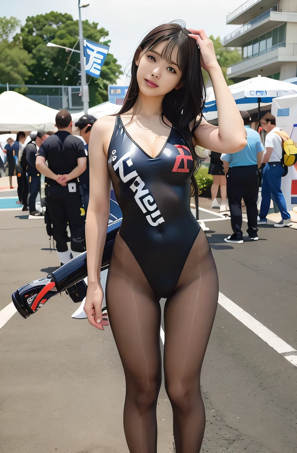 Alafi wearing a black bodysuit and black tights, Cute girl in a tank suit, tight clothes, wet swimsuit, wearing tight black clothes, japanese goddess, wearing a tight suit, tight clothes, wearing a leotard, tight full body suit, japanese model, very sexy outfit, wearing a black bodysuit, young sensual gravure idol, wearing a spandex bikini