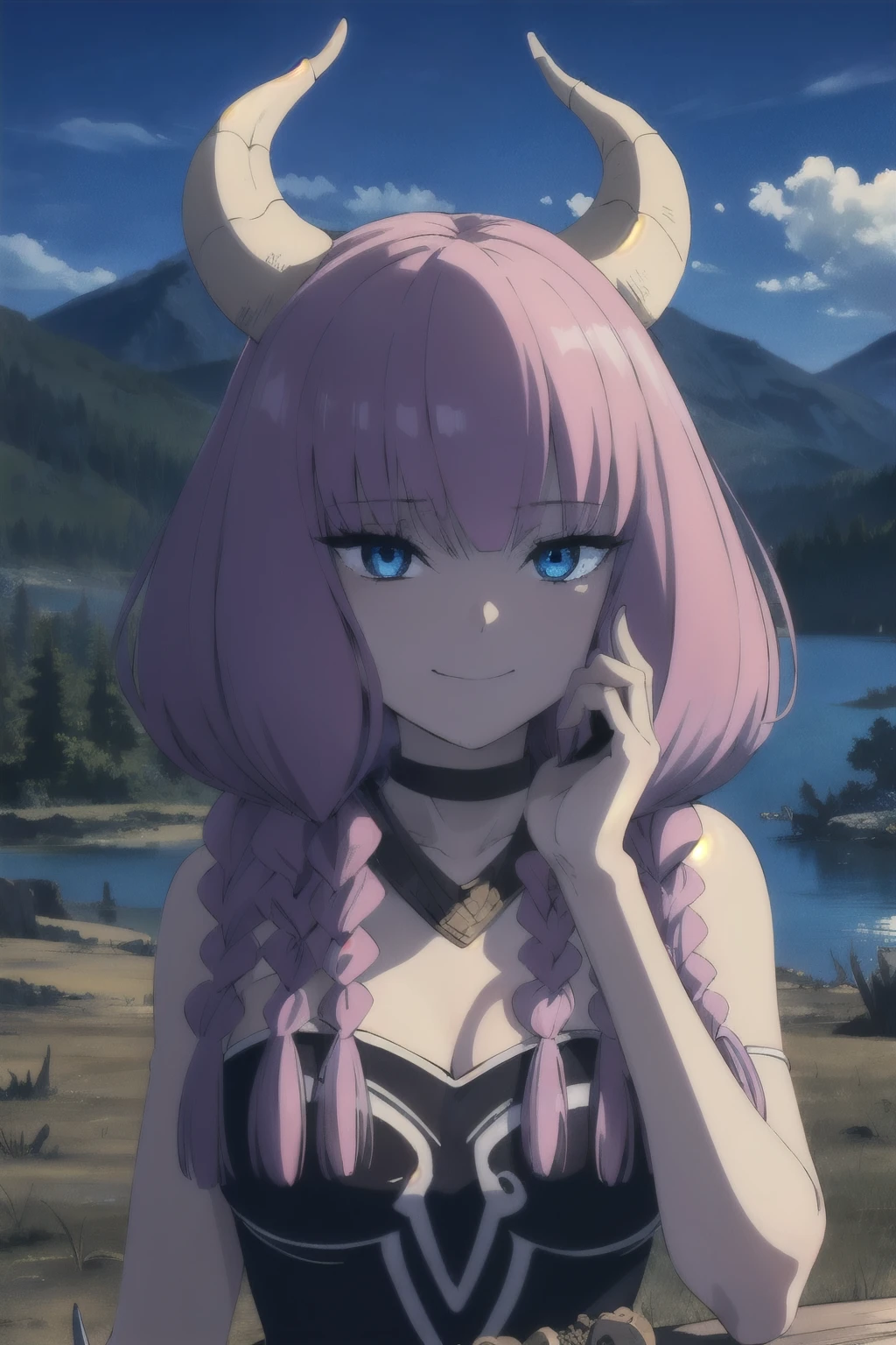 solo,grin,
TheGuillotineAura,1girl,
multiple braids,demon horns,
bare shoulders,
nature,sunshine,midday,mountain,sky,lake, BREAK (masterpiece:1.2), best quality, high resolution, unity 8k wallpaper, (illustration:0.8), (beautiful detailed eyes:1.6), extremely detailed face, perfect lighting, extremely detailed CG, (perfect hands, perfect anatomy),