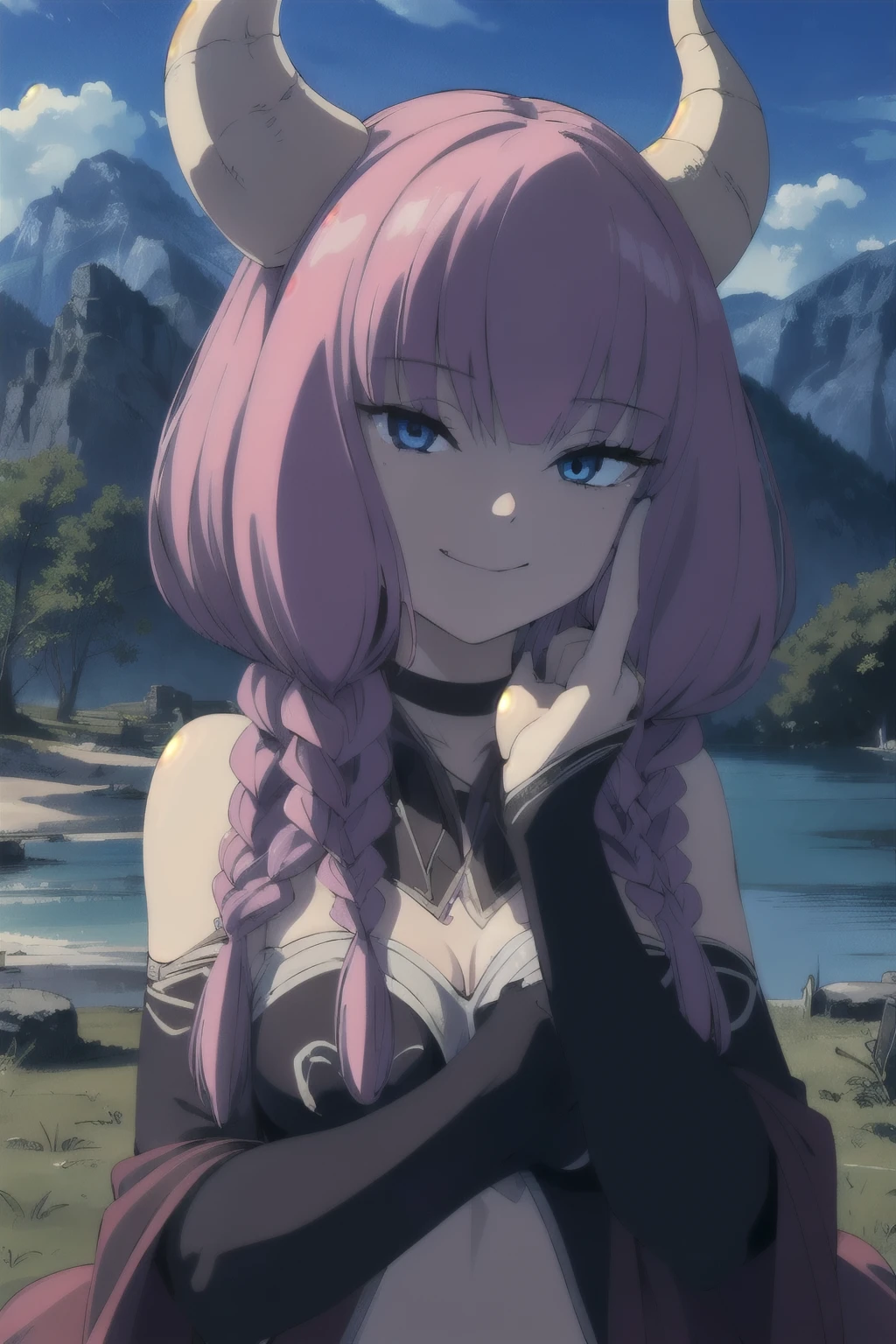 solo,grin,
TheGuillotineAura,1girl,
multiple braids,demon horns,
bare shoulders,
nature,sunshine,midday,mountain,sky,lake, BREAK (masterpiece:1.2), best quality, high resolution, unity 8k wallpaper, (illustration:0.8), (beautiful detailed eyes:1.6), extremely detailed face, perfect lighting, extremely detailed CG, (perfect hands, perfect anatomy),