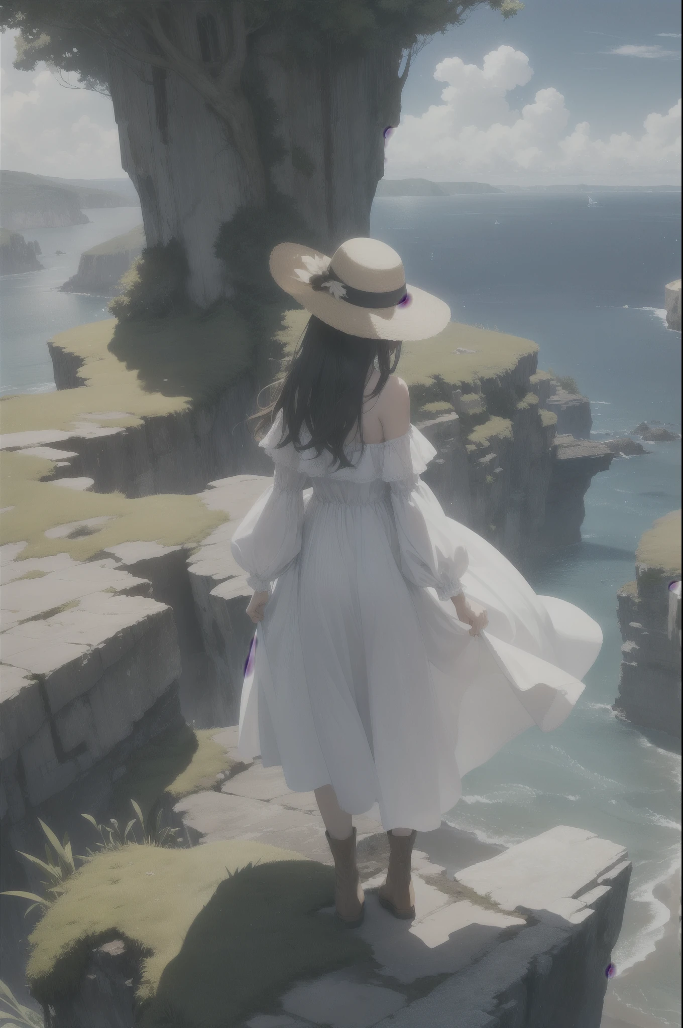 masterpiece, best quality, extremely detailed, detailed background, BREAK 1girl, solo, wavy hair, black hair, blue eyes, outdoors, long hair, scenery, cloud, ocean, sky, day, bag, water, dress, horizon, rock, standing on cliff, dangerous cliff, high place, high cliff, boots, blue sky, brown footwear, long sleeves, from behind, facing viewer, looking back, from above, straw hat, white dress, wide shot, facing away, capelet, sun hat, cloudy sky, strong sunlight, moss, overgrown, off shoulder, clenched hands, wind,