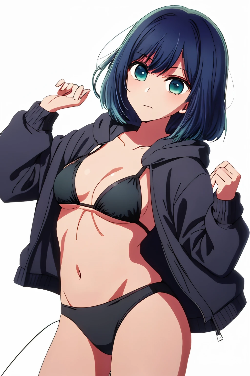 master piece, best quality, 8k, ultra high resolution, highest quality, anime style, best writing, beautiful face, best quality、masterpiece、high resolution、solo、{kurokawa_akane_osinoko:1.15}、bangs、short hair、blue hair、green eyeouth closed、black hair、medium hair、Female 1 person、blue eyes、beholder、black bikini, black hoodie, simple white background, stand, (cowboy shot:1.3)