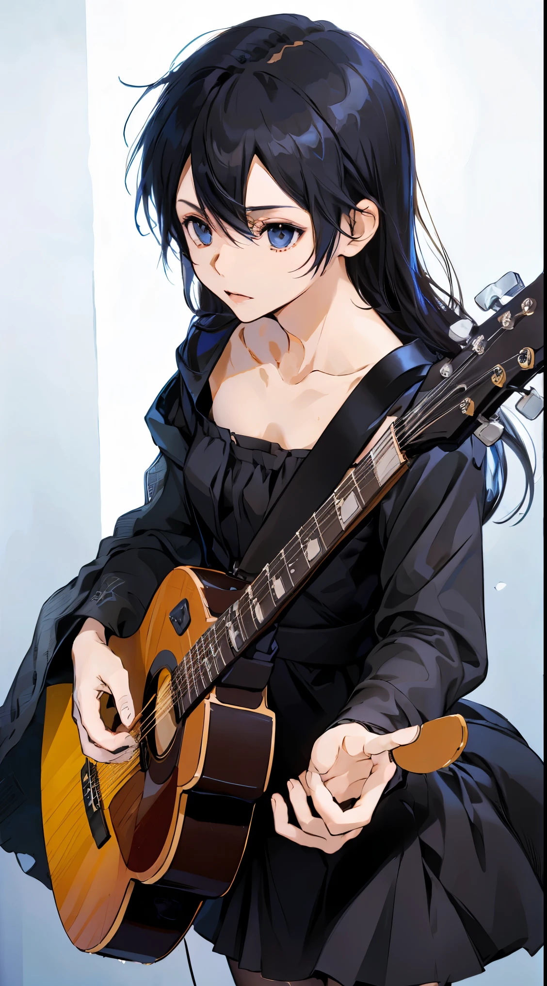 28 years old、black hair messy hair、precision 6 string acoustic guitar:1.2、Anatomically correct fingers、acoustic guitar、Only 1 guitar、Please look straight ahead and sing、(Turn your face forward:1.2)、dress,Female Kirito,long hair,black stockings
