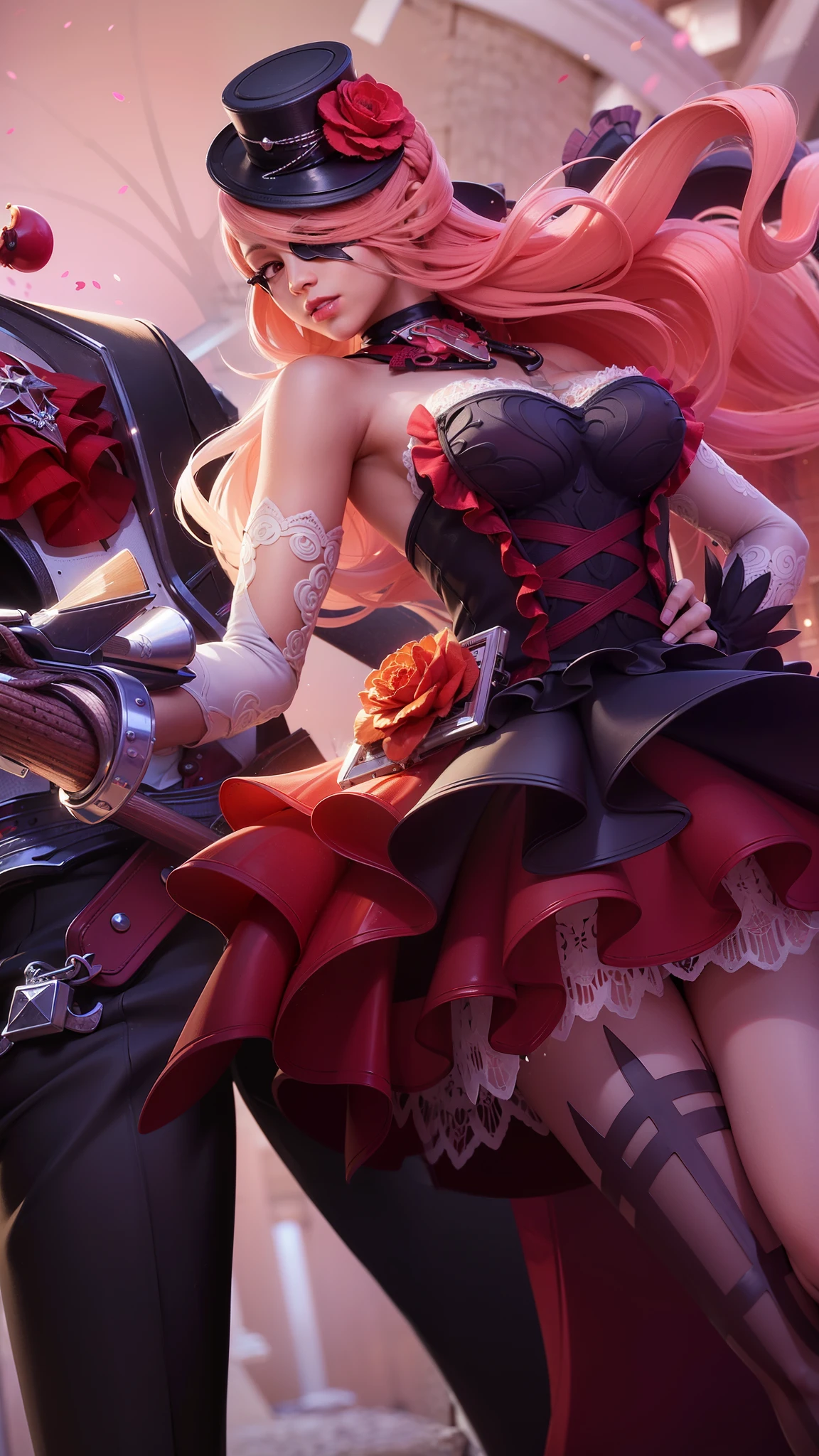 a close up of a woman with a gun in her hand, pink long hair, red lips glossy, 8k, ultra hd, ultra detailed texture, hyper realistic, masterpiece, detailed texture, detailed face, detailed skin, detailed lighting, (photorealistic:1.5), best quality, beautiful lighting, cinematic lighting, professional lighting, ultra highres, realistic, detailed hair, real hair, high quality, (realskin:1.5), extremely detailed, finely detail, ultra-detailed, braids, eye patch, left eyepatch,
